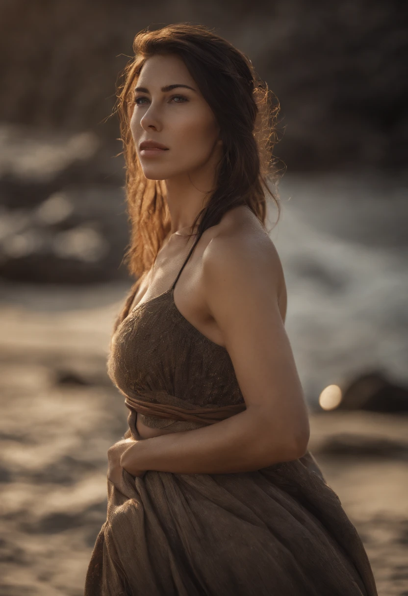 a beautiful woman surrounded by ten thin, ugly men, in an island setting, sea in the background