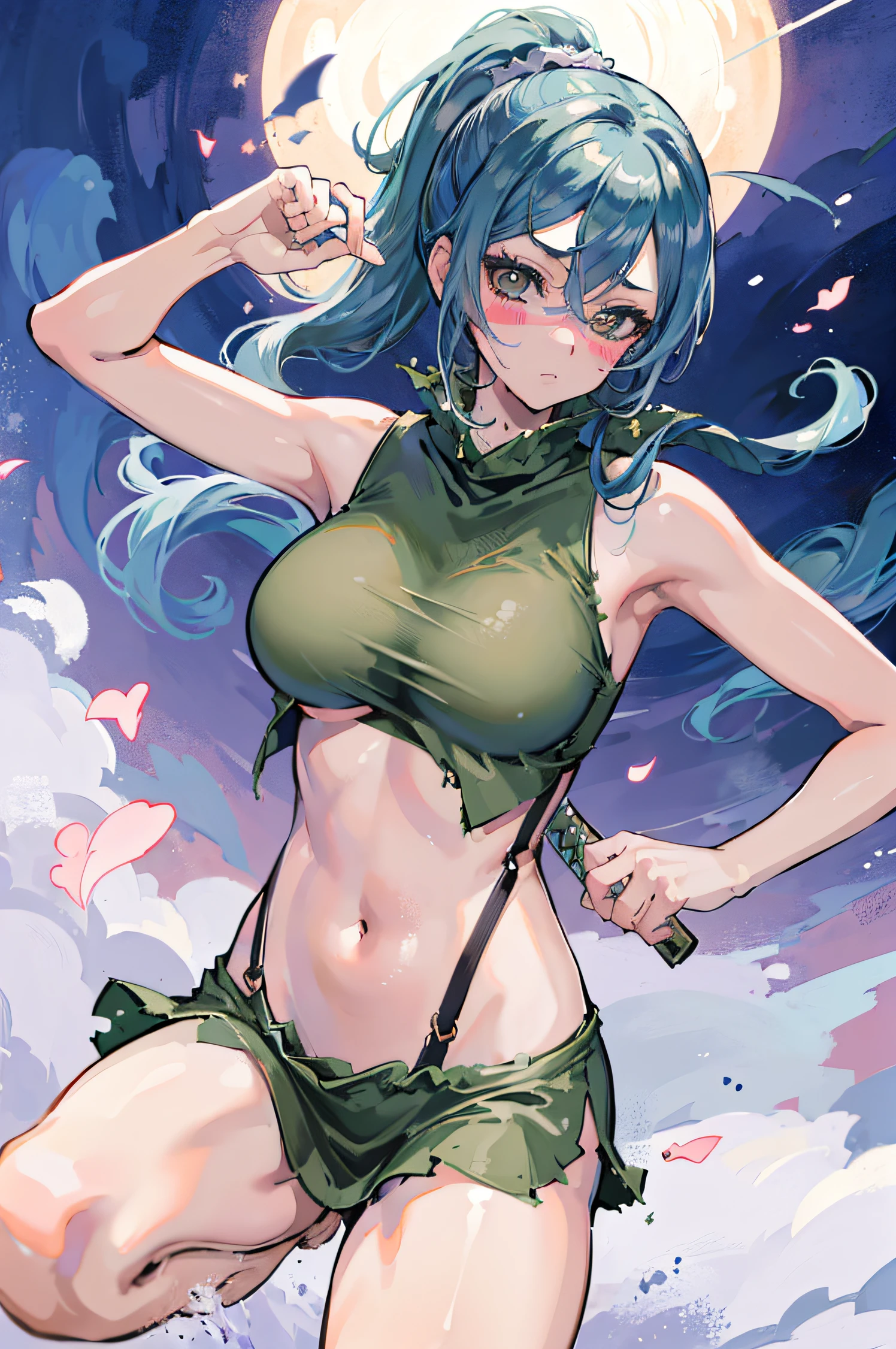 (masterpiece, best quality:1.2), cowboy shot, solo, 1girl, tsubaki miyajima, sexy outfit, lewd, NSFW, school uniform, nip slip, revealing outfit, big breasts, katana, sexy back, sleeveless, minimal clothing, ponytail, beautiful, wardrobe malfunction, looking at viewer, absurdres, high res, ultrasharp, 8k, masterpiece