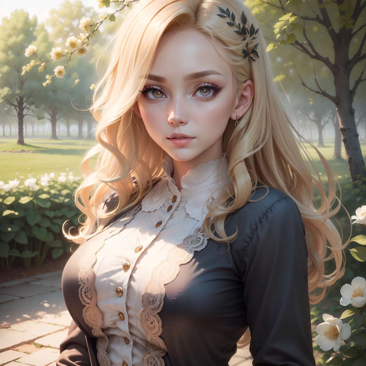 (masutepiece:1.2), (Best Quality:1.2), Perfect eyes, Perfect face, Perfect Lighting, 1girl in, Mature woman in the field, medium blonde hair, Curly hair, detailed clothes, Detailed outdoor background, makeup, eyeshadows, thick eyelashes, Fantasy, Looking at the viewer, spring