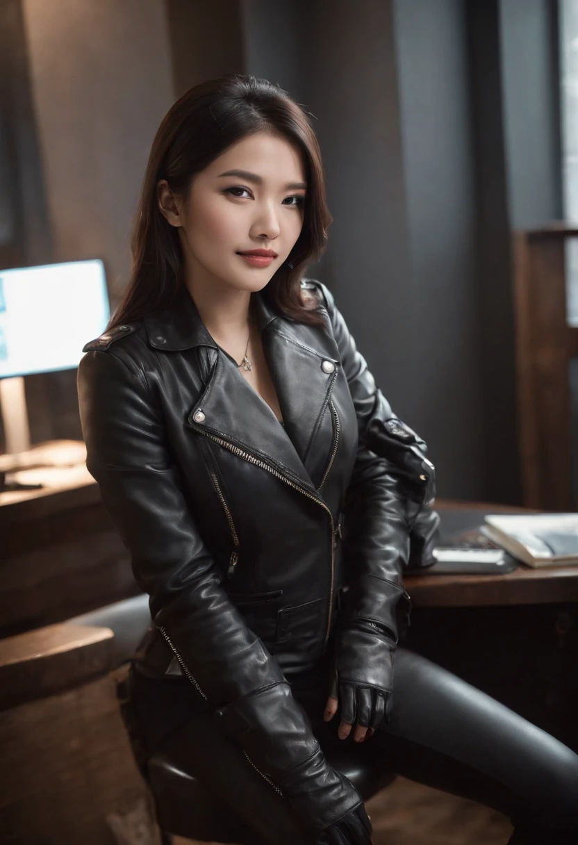Wearing black leather gloves in both hands Upper body Black leather riders jacket Black leather skinny pants Black leather long boots Necklace on the chest Smiling at the desk in the modern study in the dark, long straight black hair Young Japanese woman (black leather gloves cover both hands) With the fingers of black leather gloves, sitting on a leather chair, working on the computer, staring at the screen