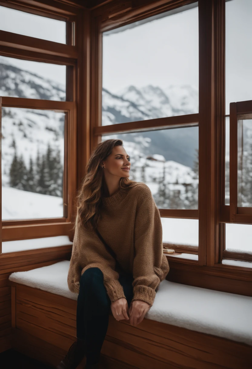 Photo RAW, a beautiful Latina woman, long brown hair with blonde tips, wearing only a luxurious sweater, sitting in front of a large window to the view of the snow of Saint Moritz, in a luxurious hotel