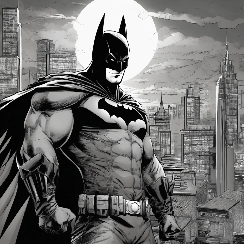 (best quality,4k,8k,highres,masterpiece:1.2),ultra-detailed,realistic,batman,cape,masked vigilante,dark knight,protecting Gotham,night-time action,villains,city skyline,gloomy atmosphere,gritty,comic book style,intense fight scenes,dynamic poses,detailed facial expression,strong jawline,muscular physique,utility belt,enhanced gadgets,iconic bat symbol,Batarang,Batmobile,high-tech suit,deep shadows,moody lighting,cityscape,gothic architecture,stormy clouds,vivid colors