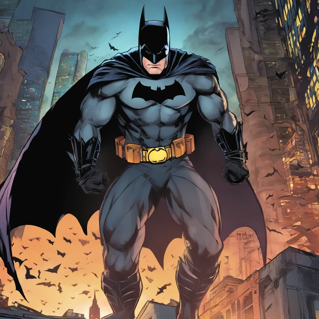 (best quality,4k,8k,highres,masterpiece:1.2),ultra-detailed,realistic,batman,cape,masked vigilante,dark knight,protecting Gotham,night-time action,villains,city skyline,gloomy atmosphere,gritty,comic book style,intense fight scenes,dynamic poses,detailed facial expression,strong jawline,muscular physique,utility belt,enhanced gadgets,iconic bat symbol,Batarang,Batmobile,high-tech suit,deep shadows,moody lighting,cityscape,gothic architecture,stormy clouds,vivid colors