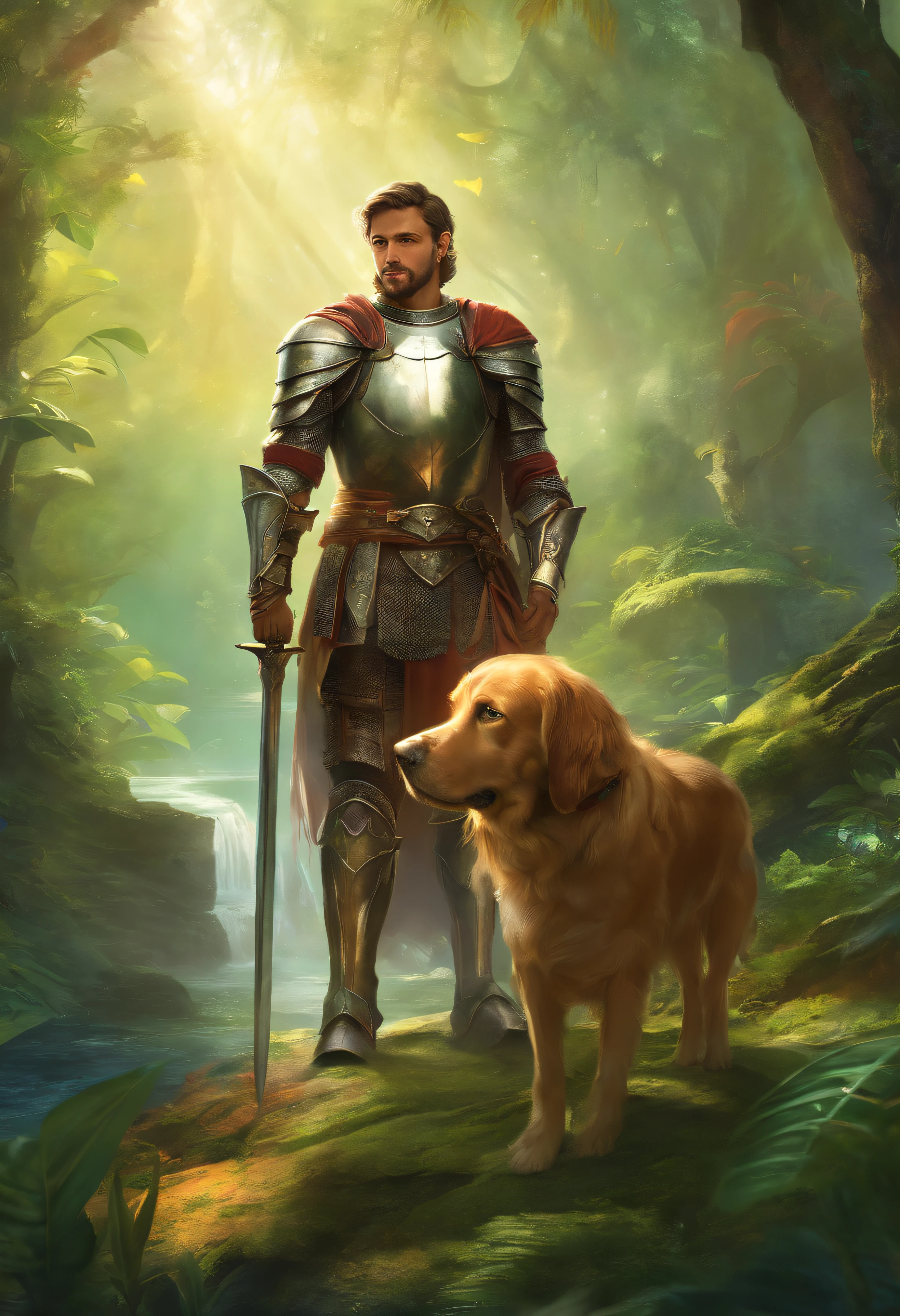 A man dressed as a knight with his dog in a tropical forest, high quality, photorealistic, 8K