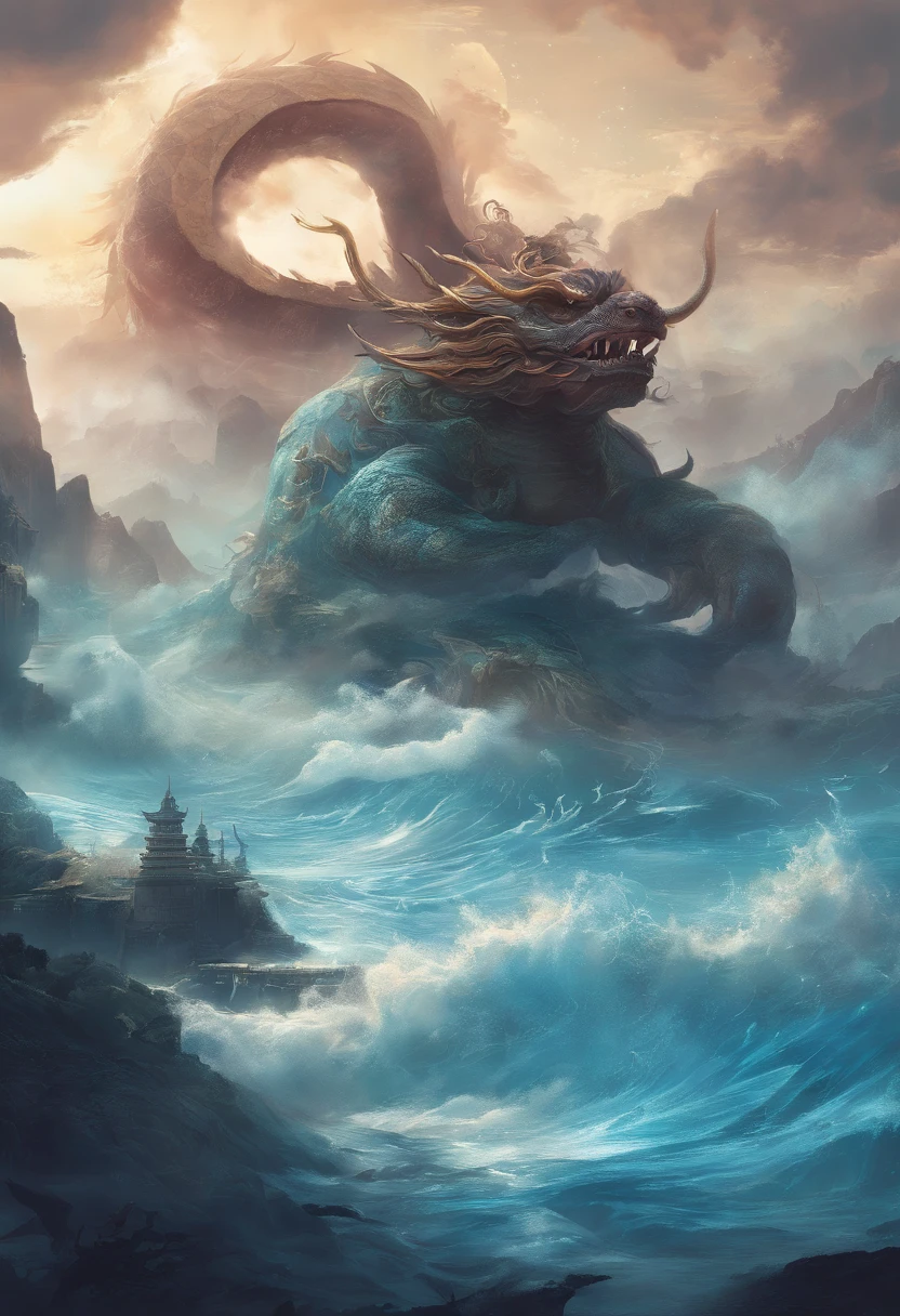 China-style，Chinese mythology，Xuanwu，Longhorn faucet，Turtle body，Heavy tortoiseshell shell，The tail of the snake grows out，has horns on its head，tosen，Ferocious，gargantuan，The eyes glow blue light，the sea，Huge waves，surrounded by cloud，中景 the scene is，Full body like， highly detailed surreal vfx，oc rendered， - AR 16:9 --q 2 --s 1000