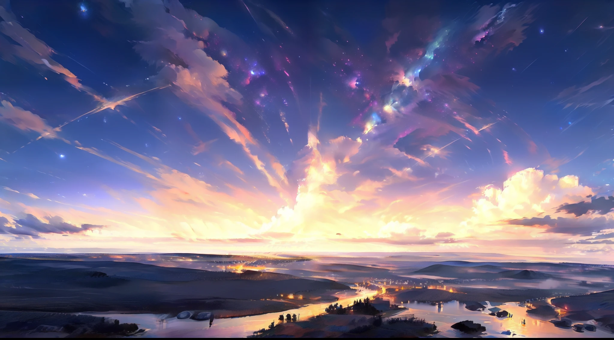 sky line, nigh sky, Very nice rendering, Best Rendering, Best Detail, dream, Wonderful, Colorful, oilpaint, 8K resolution, The highest resolution, universe, Stars, landscape, Landscape art, Night, Dark