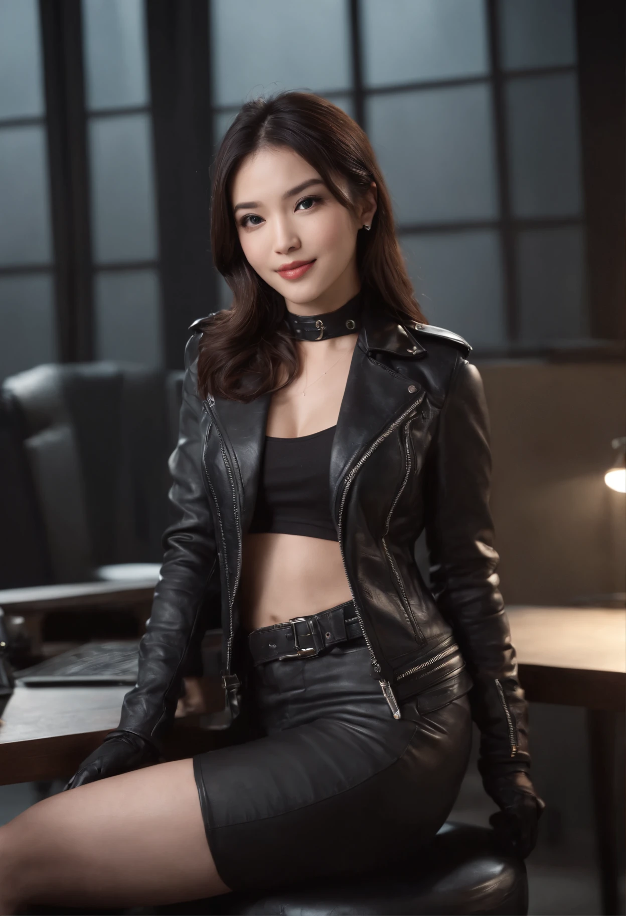 Wearing black leather gloves in both hands Upper body Black leather riders jacket Black leather skinny pants Black leather long boots Necklace on the chest Smiling at the desk in the modern study in the dark, long straight black hair Young Japanese woman (black leather gloves cover both hands) With the fingers of black leather gloves, sitting on a leather chair, working on the computer, staring at the screen