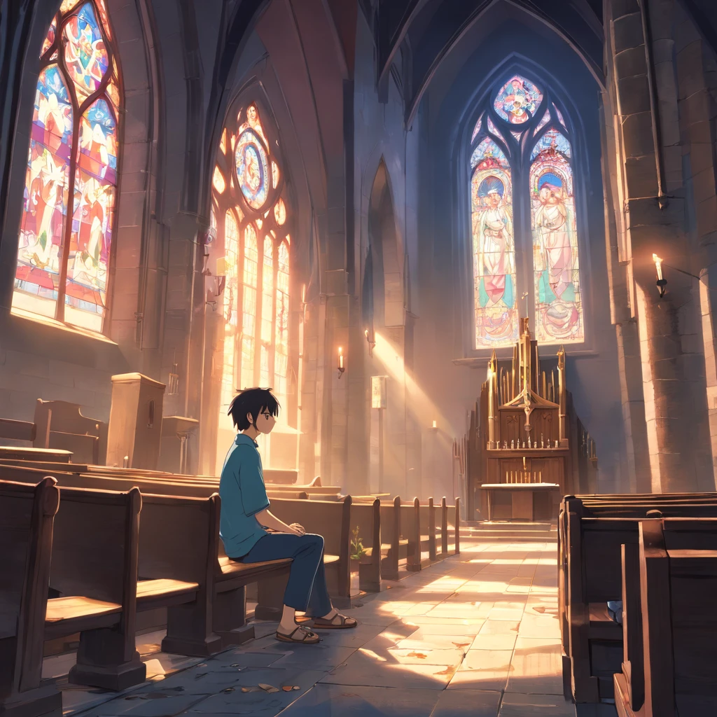 (best quality,realistic:1.37),dark and dirty-looking man sitting in an old abandoned church, detailed face expression,dusty atmosphere,creepy ambiance,solemn and eerie lighting,stained glass windows,crumbling walls,overgrown vines and moss,decaying wooden pews,neglected religious artifacts,faintly lit candles,haunting silence,sense of desolation and mystery,haunted spiritual presence,gothic architecture,dramatic shadows,remnants of religious iconography
