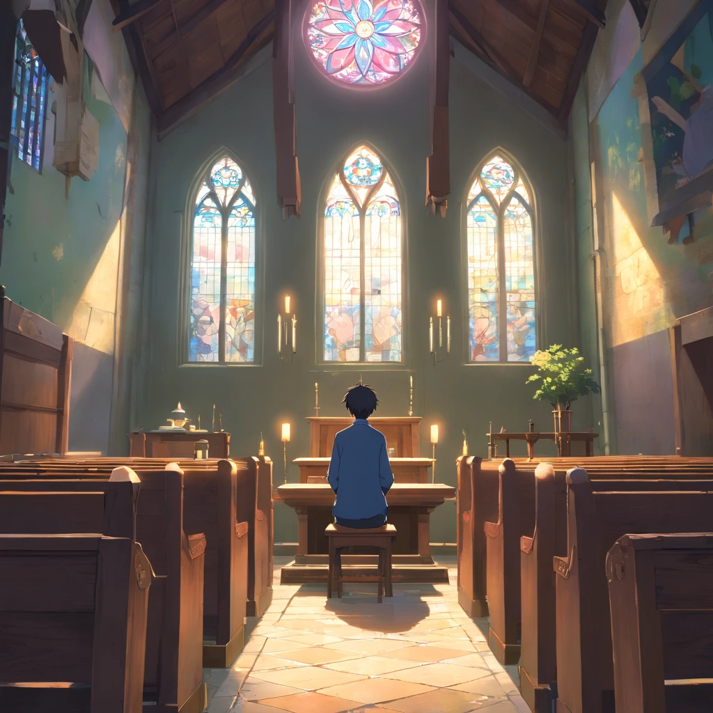 (best quality,realistic:1.37),dark and dirty-looking man sitting in an old abandoned church, detailed face expression,dusty atmosphere,creepy ambiance,solemn and eerie lighting,stained glass windows,crumbling walls,overgrown vines and moss,decaying wooden pews,neglected religious artifacts,faintly lit candles,haunting silence,sense of desolation and mystery,haunted spiritual presence,gothic architecture,dramatic shadows,remnants of religious iconography