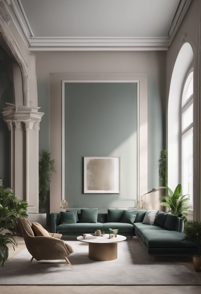 (best quality, highres, realistic:1.37), multiple angles of a room with walls and cabinets, modernist aesthetic, minimalist sofa, plants and books