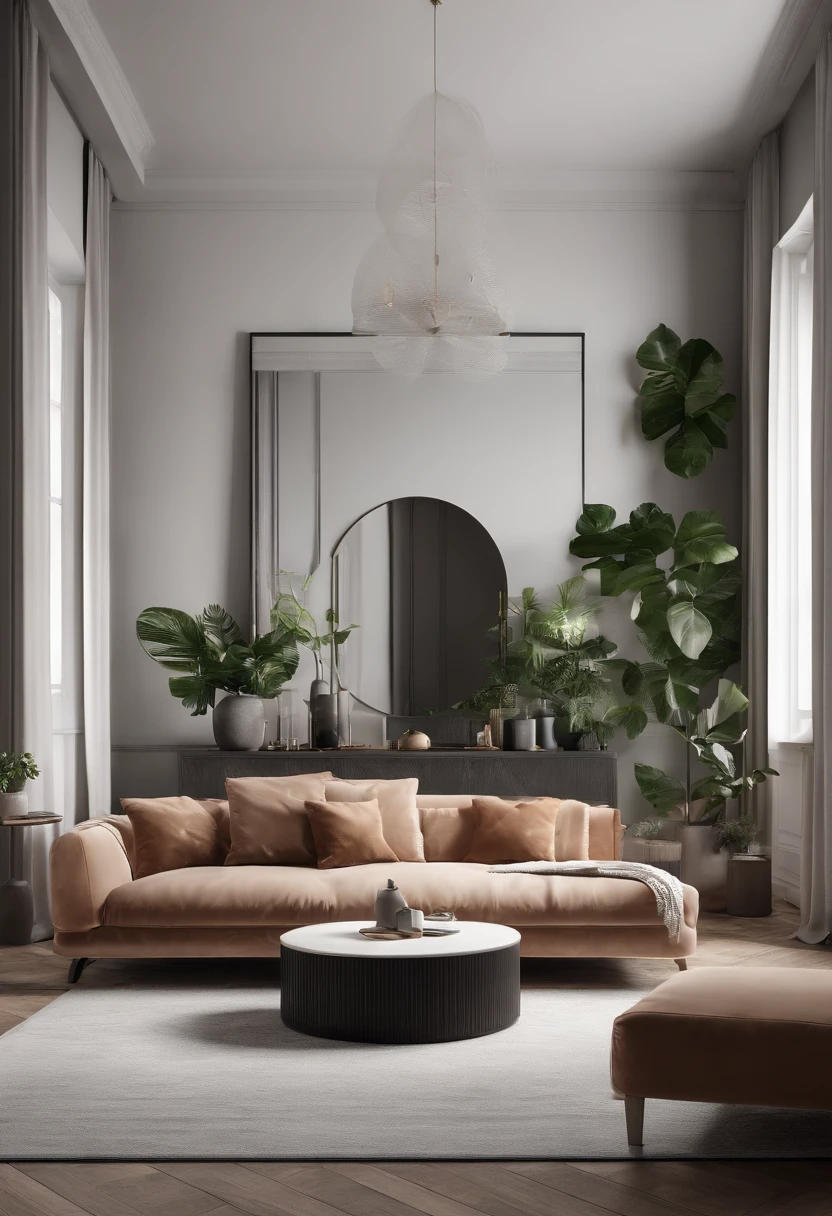 You are a renowned interior designer and have been commissioned to create a 3D image of a modern large room. Create a harmonious environment with modern and minimalist furniture. inclua algumas plantas interiores para dar um ar mais fresco.
