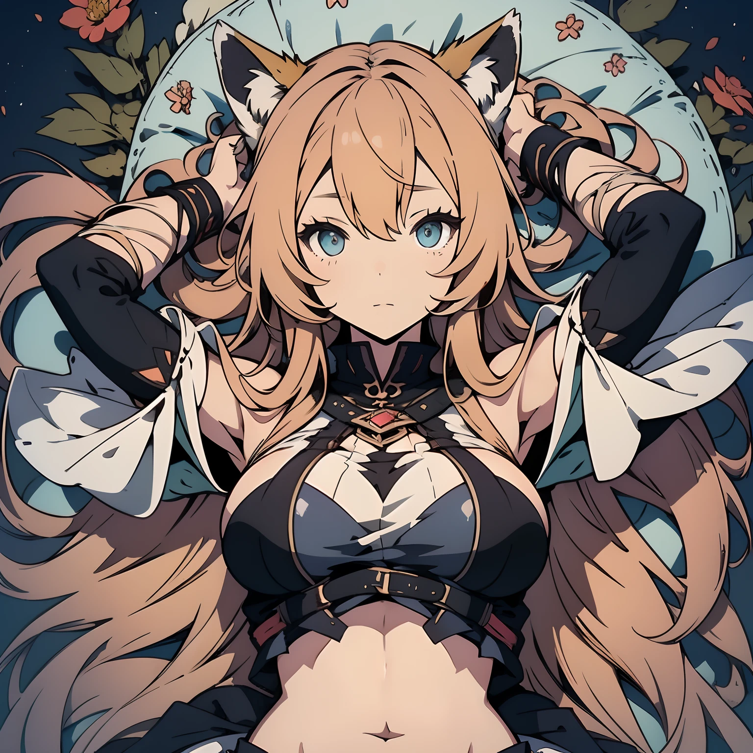 (masterpiece, best quality), beautiful girl,Raphtalia, racoon ears, lying, (detailed beautiful eyes) medium body shot, underboob, visible bellybutton