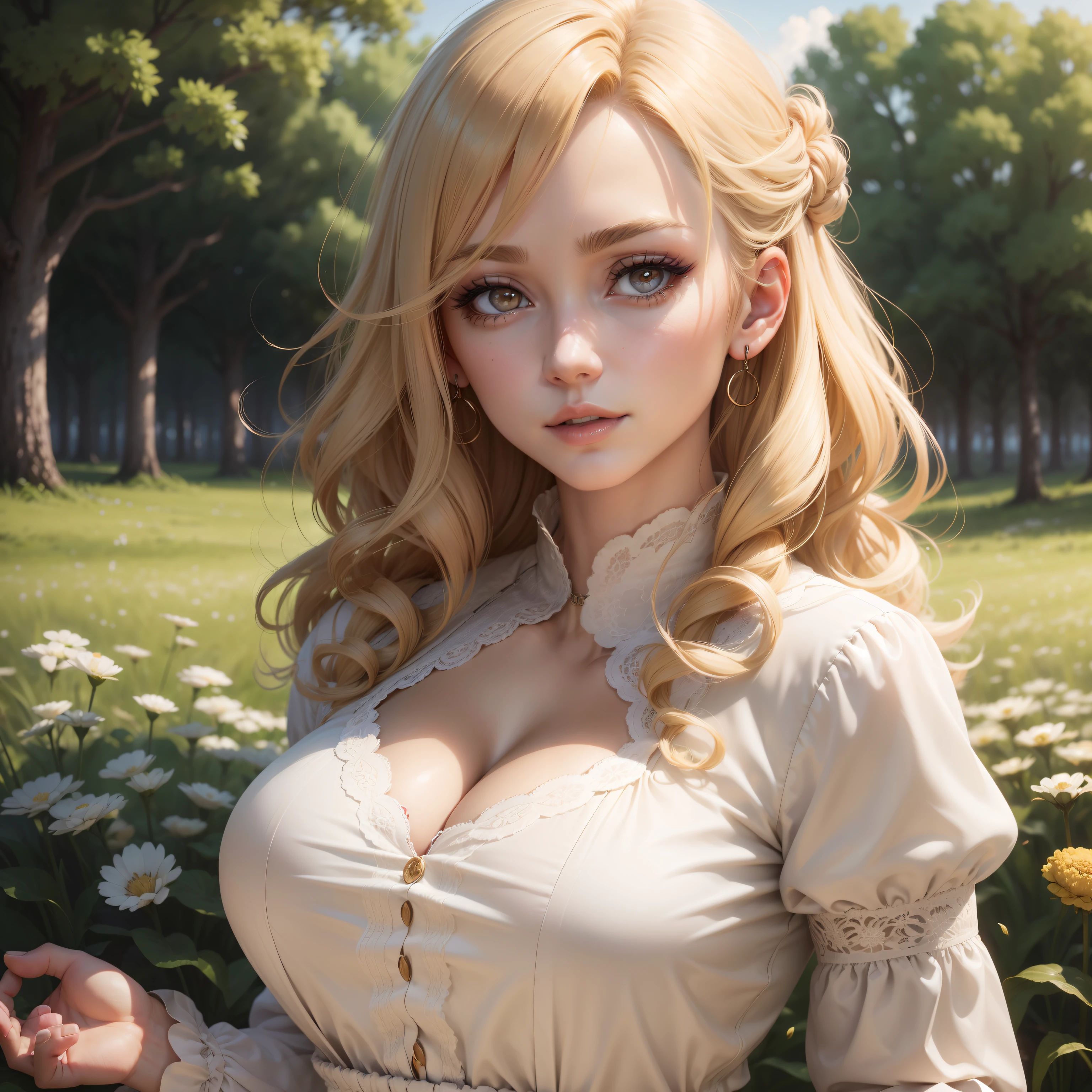 (masutepiece:1.2), (Best Quality:1.2), Perfect eyes, Perfect face, Perfect Lighting, 1girl in, Mature woman in the field, medium blonde hair, Curly hair, detailed clothes, Detailed outdoor background, makeup, eyeshadows, thick eyelashes, Fantasy, Looking at the viewer, spring