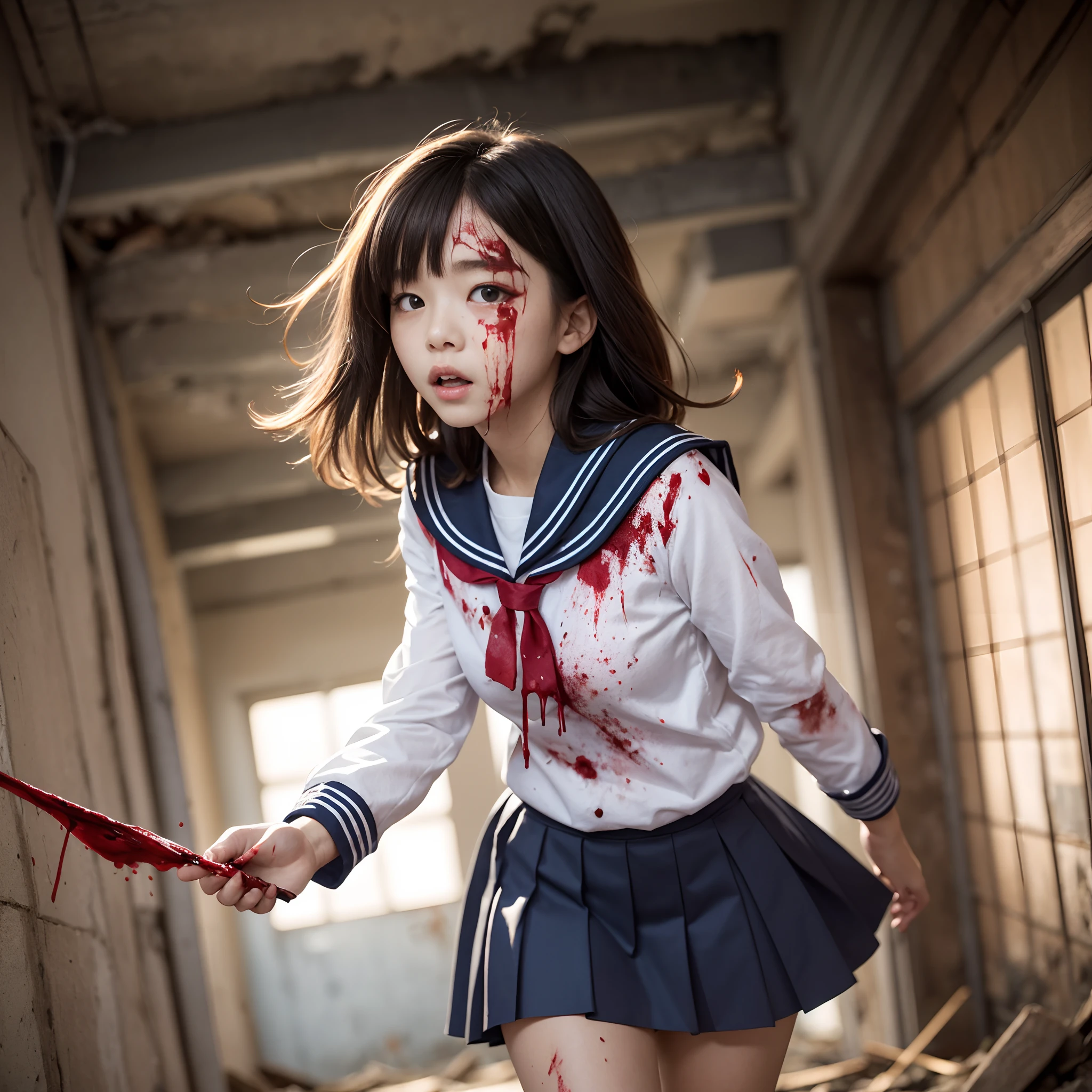 (in 8K、RAW Photos、top-quality、masterpiece:1.2)、(realisitic、Photorealsitic:1.37)、ultra-detailliert、超A high resolution、Heroine of monster movies、Giant Monsters、The dragon、Beautiful -yeld hischool girl in Japan desperately fleeing from giant monsters in devastated Tokyo、terrified expression、School Uniforms、Schoolgirl Uniform、(Torn and dirty tattered sailor suit:1.2)、disheveled clothing、ripped fabric、(Clothes with blood stains:1.2)、Short pleated skirt、(Torn skirt:1.2)、Dirty hair、smudged face、(skin stained with blood and dust:1.2)、Running through the rubble、building crumbling、Burning flame、stunningly beautiful face、dynamic ungle、动态照明