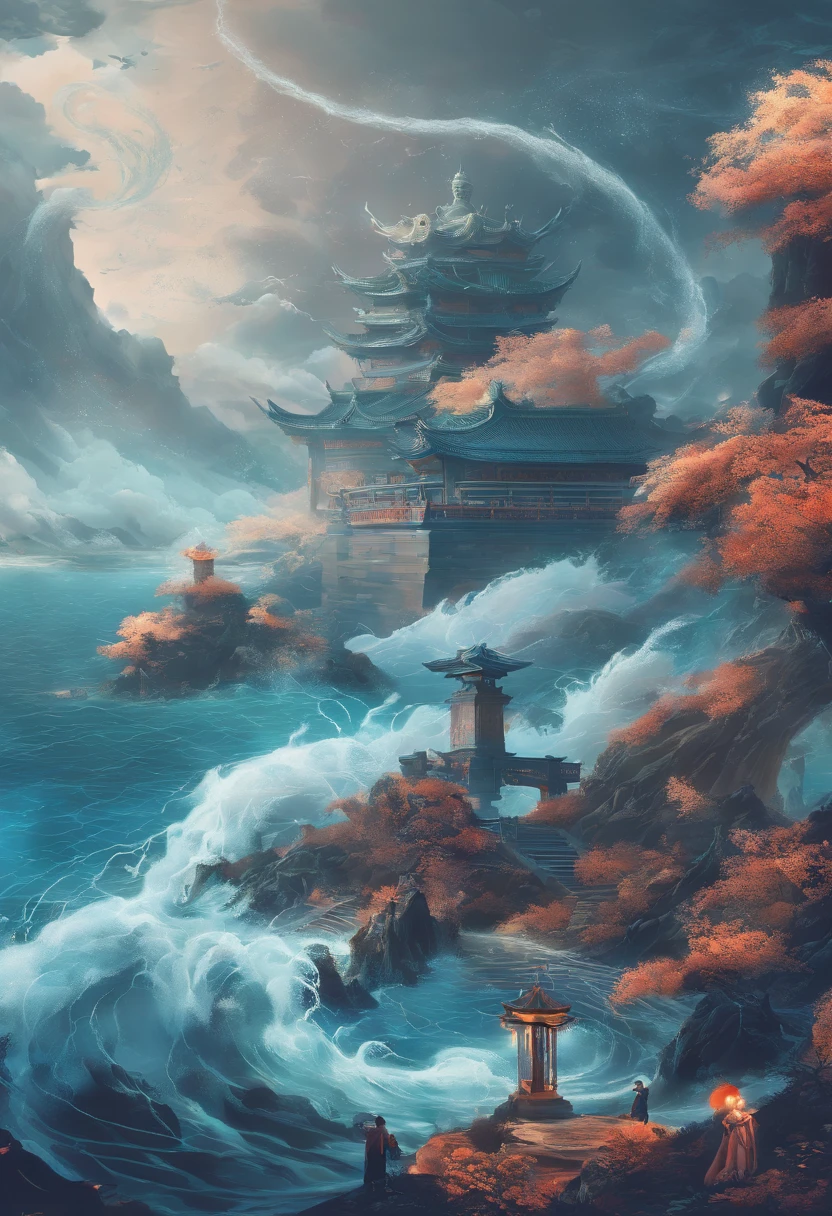 China-style,Chinese mythology,Xuanwu,Longhorn faucet,Turtle body,Heavy tortoiseshell shell,The tail of the snake grows out,has horns on its head,tosen,Ferocious,gargantuan,The eyes glow blue light,the sea,Huge waves,surrounded by cloud,中景 the scene is,Full body like, highly detailed surreal vfx,oc rendered, - AR 16:9 --q 2 --s 1000