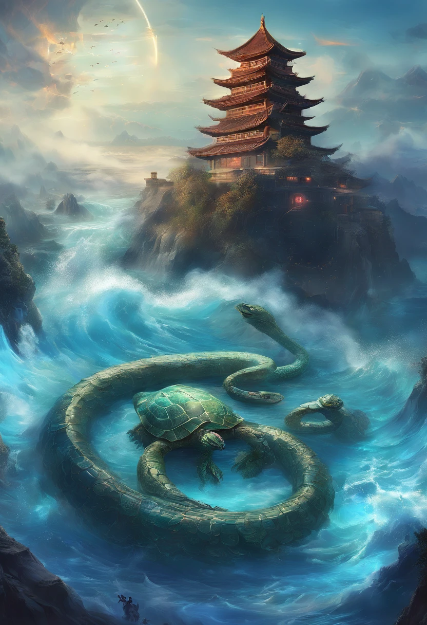 China-style，Chinese mythology，Xuanwu，faucet，Turtle body，Heavy tortoiseshell shell，The snake's tail grows out，has horns on its head，tosen，Ferocious，gargantuan，The eyes glow blue light，the sea，Huge waves，surrounded by cloud，中景 the scene is，Full body like， highly detailed surreal vfx，oc rendered， - AR 16:9 --q 2 --s 1000