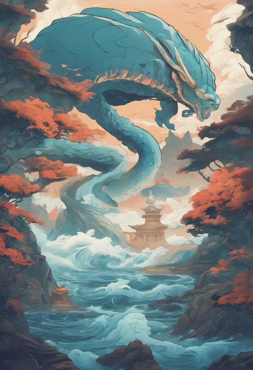 China-style,Chinese mythology,Xuanwu,Longhorn faucet,Turtle body,Heavy tortoiseshell shell,The tail of the snake grows out,has horns on its head,tosen,Ferocious,gargantuan,The eyes glow blue light,the sea,Huge waves,surrounded by cloud,中景 the scene is,Full body like, highly detailed surreal vfx,oc rendered, - AR 16:9 --q 2 --s 1000