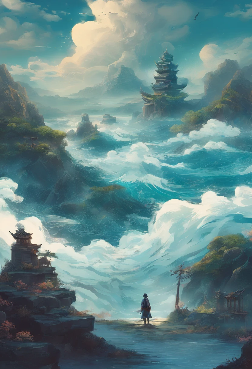 China-style,Chinese mythology,Xuanwu,Longhorn faucet,Turtle body,Heavy tortoiseshell shell,The tail of the snake grows out,has horns on its head,tosen,Ferocious,gargantuan,The eyes glow blue light,the sea,Huge waves,surrounded by cloud,中景 the scene is,Full body like, highly detailed surreal vfx,oc rendered, - AR 16:9 --q 2 --s 1000