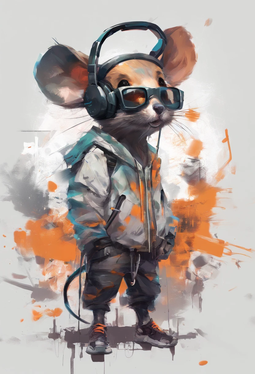 Perfect centering, Cute mouse, Wear a student team jacket, Wearing sunglasses, Wearing headphones, cheerfulness, Standing position, Abstract beauty, Centered, Looking at the camera, Facing the camera, Approaching perfection, Dynamic, Highly detailed, Smooth, Sharp Focus, 8K, hight resolution, Illustration, art by carne griffiths and wadim kashin, White background