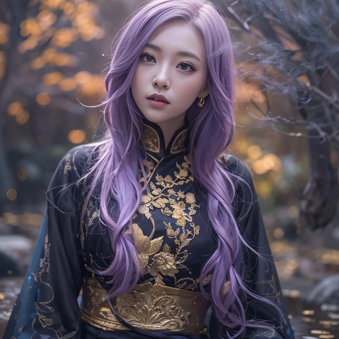 Genki Girl 32K（tmasterpiece，k hd，hyper HD，32K）Long flowing bright purple hair，Autumn Pond，zydink， a color， Asian people （Genki girl）， （Silk scarf）， Combat posture， looking at the ground， long whitr hair， Floating bright purple， Fire cloud pattern gold tiara， Chinese long-sleeved gold silk garment， （Abstract metaverse splash：1.2）， white backgrounid，Lotus vitality protector（realisticlying：1.4），Bright purple hair，Smoke on the road，The background is pure， A high resolution， the detail， RAW photogr， Sharp Re， Nikon D850 Film Stock Photo by Jefferies Lee 4 Kodak Portra 400 Camera F1.6 shots, Rich colors, ultra-realistic vivid textures, Dramatic lighting, Unreal Engine Art Station Trend, cinestir 800，A girl with long flowing bright purple hair