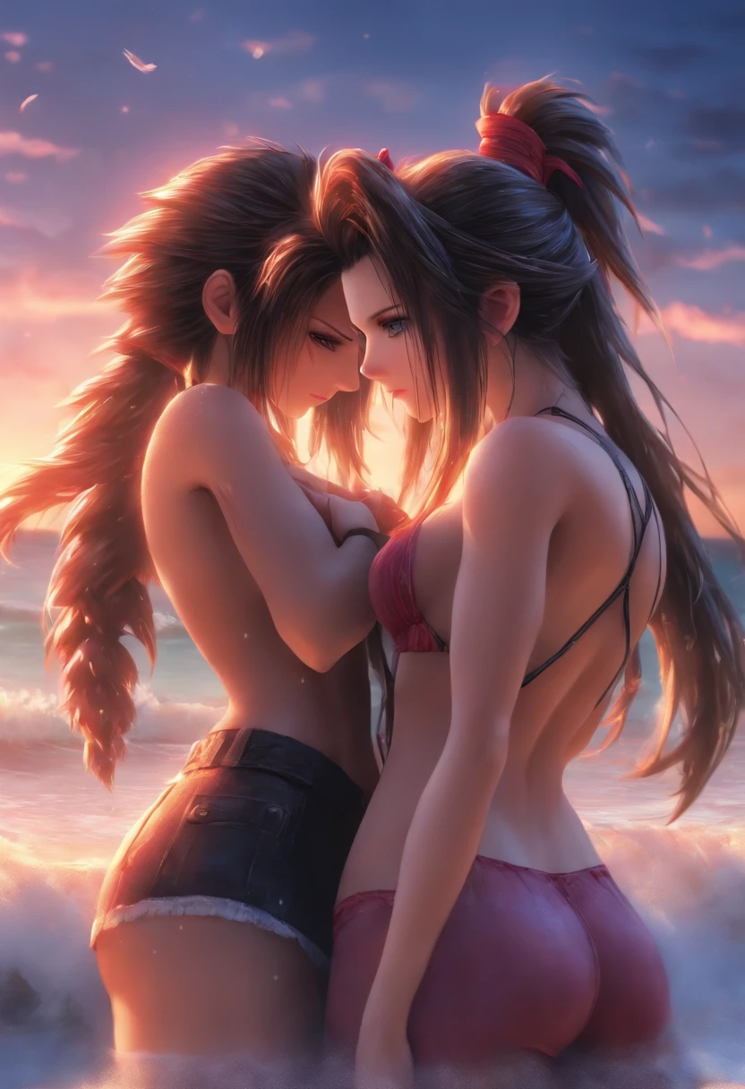 Tifa Lockheart and Aerith On The Beach Completely Naked, UHD, masterpiece, ccurate, anatomically correct, high quality, high details, super detail, textured skin, best quality, highres, 16k
