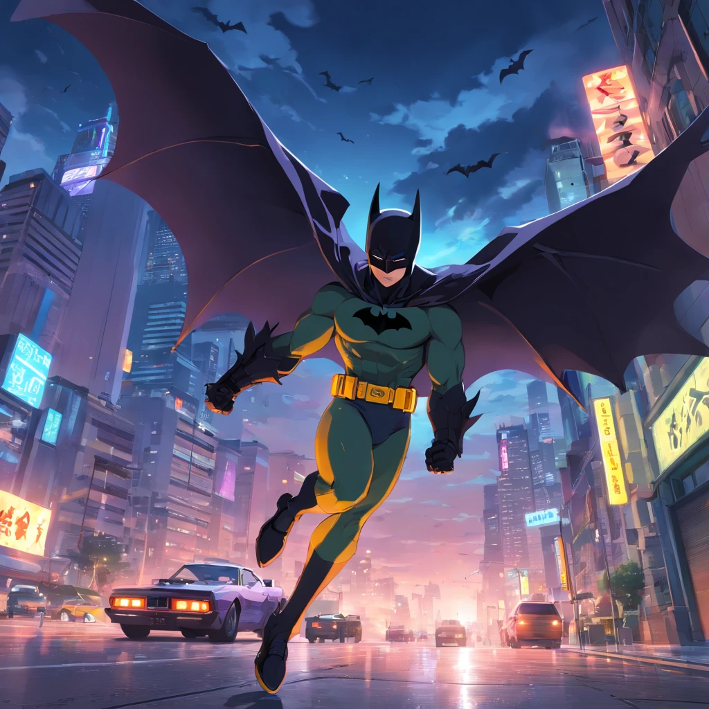 (best quality,4k,8k,Altas,master part:1.2),ultra-detalhado,Realistic,Batman,cabo,vigilante mascarado,Dark Knight,protegendo Gotham,Night action,Villains,Skyline da cidade,atmosfera sombria,corajoso,Comic book style,cenas de luta intensas,dinamic poses,detailed face expression,maxilar forte,muscular physique,correia de utilidades,gadgets aprimorados,Iconic bat symbol,Batarang,Batmobile,terno de alta tecnologia,Sombras profundas,Moody Lighting,Cityscabo,gothic architecture,Nuvens tempestuosas,vivid colors