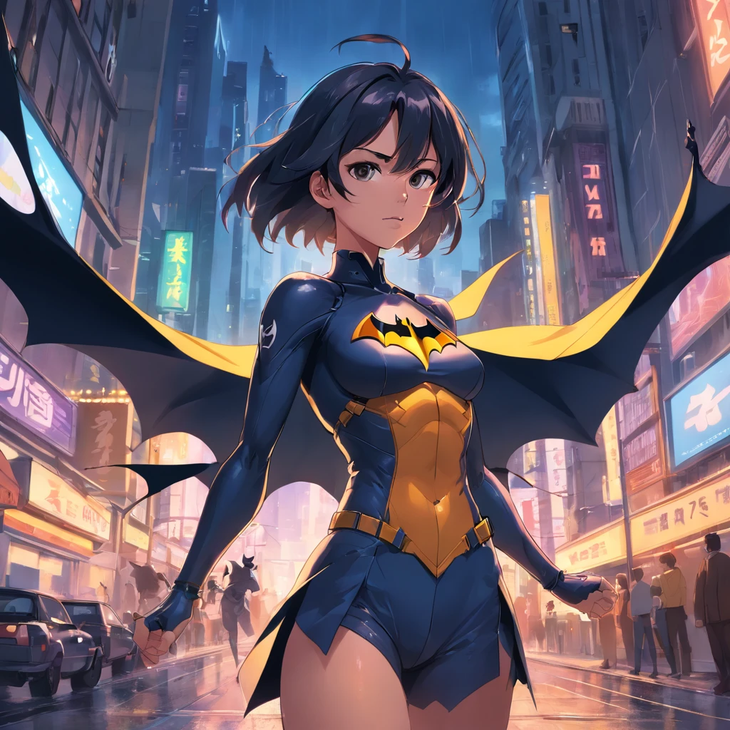 (best quality,4k,8k,Altas,master part:1.2),ultra-detalhado,Realistic,Batman,cabo,vigilante mascarado,Dark Knight,protegendo Gotham,Night action,Villains,Skyline da cidade,atmosfera sombria,corajoso,Comic book style,cenas de luta intensas,dinamic poses,detailed face expression,maxilar forte,muscular physique,correia de utilidades,gadgets aprimorados,Iconic bat symbol,Batarang,Batmobile,terno de alta tecnologia,Sombras profundas,Moody Lighting,Cityscabo,gothic architecture,Nuvens tempestuosas,vivid colors