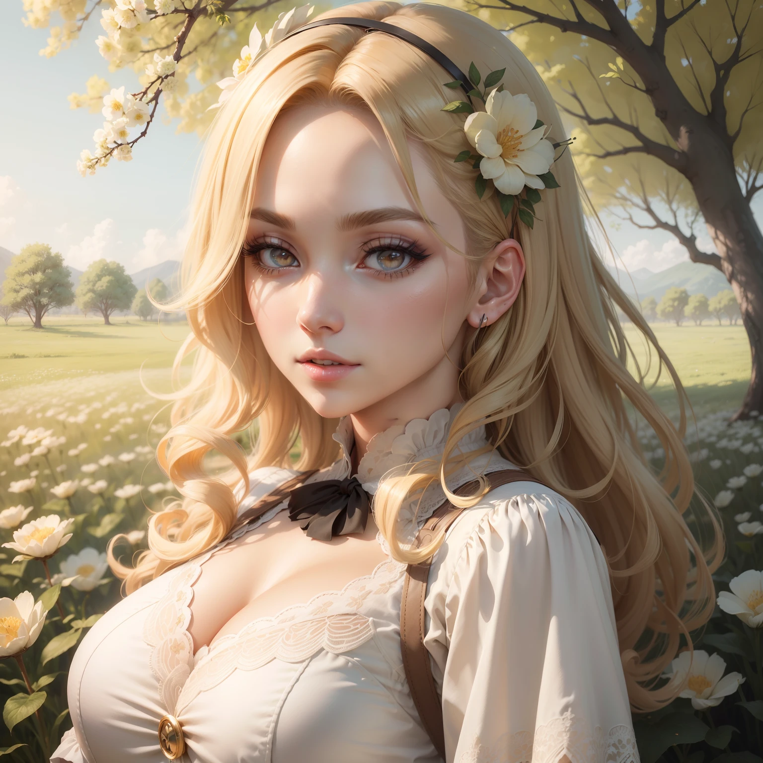 (masutepiece:1.2), (Best Quality:1.2), Perfect eyes, Perfect face, Perfect Lighting, 1girl in, Mature woman in the field, medium blonde hair, Curly hair, detailed clothes, Detailed outdoor background, makeup, eyeshadows, thick eyelashes, Fantasy, Looking at the viewer, spring