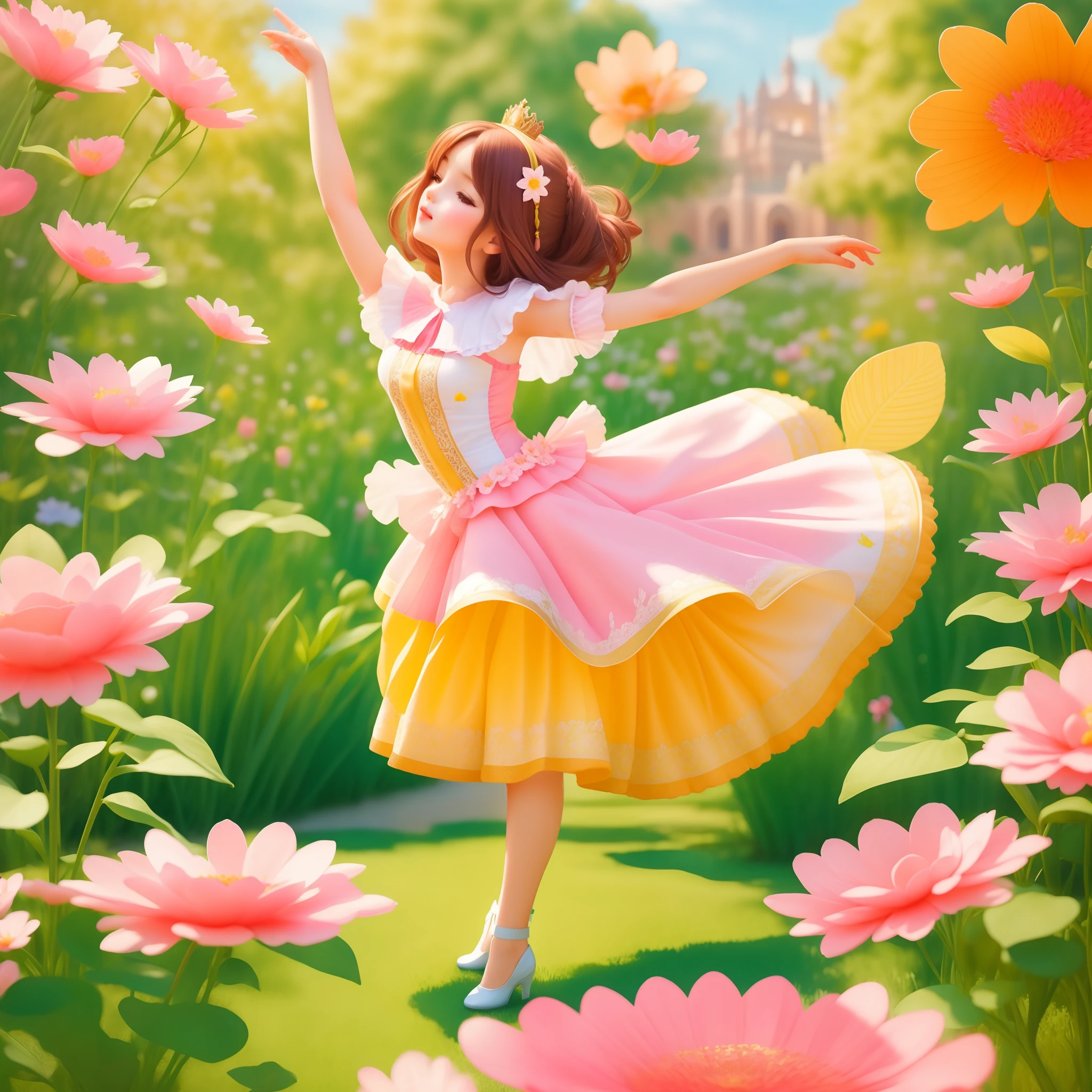 one girls in princess cloth dancing in palace garden , flowers in spring garden, children's book illustration style, bold lines, vivid colors, vector look