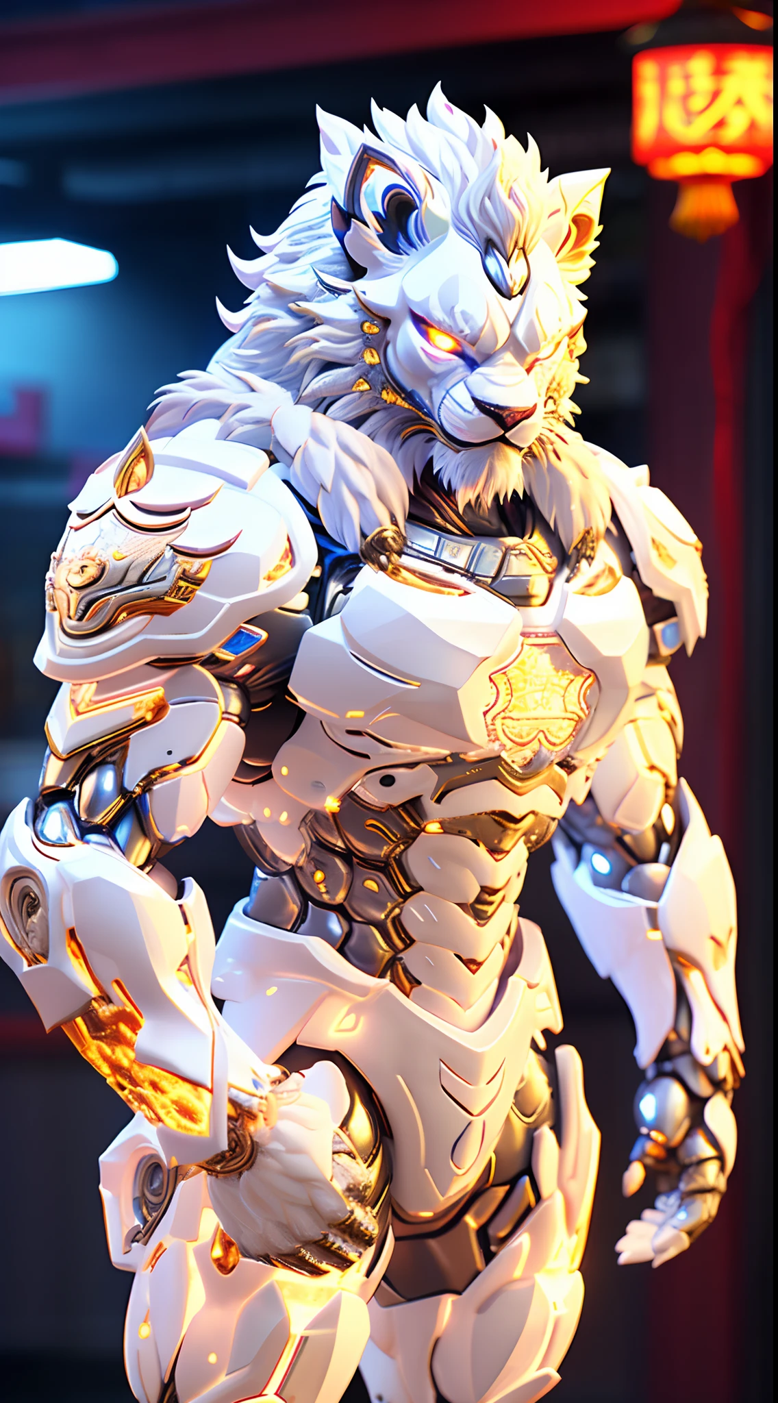 CHINESE WHITE LION, LION HEAD, HEAVY CRYSTAL ARMOR, TRANSPARANT, MUSCLE BODY.