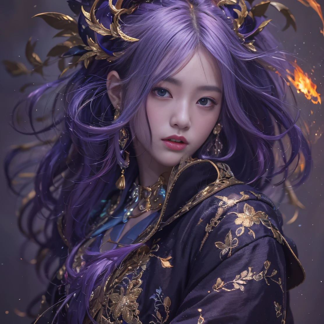 Genki Girl 32K（tmasterpiece，k hd，hyper HD，32K）Long flowing bright purple hair，Autumn Pond，zydink， a color， Asian people （Genki girl）， （Silk scarf）， Combat posture， looking at the ground， long whitr hair， Floating bright purple， Fire cloud pattern gold tiara， Chinese long-sleeved gold silk garment， （Abstract metaverse splash：1.2）， white backgrounid，Lotus vitality protector（realisticlying：1.4），Bright purple hair，Smoke on the road，The background is pure， A high resolution， the detail， RAW photogr， Sharp Re， Nikon D850 Film Stock Photo by Jefferies Lee 4 Kodak Portra 400 Camera F1.6 shots, Rich colors, ultra-realistic vivid textures, Dramatic lighting, Unreal Engine Art Station Trend, cinestir 800，A girl with long flowing bright purple hair