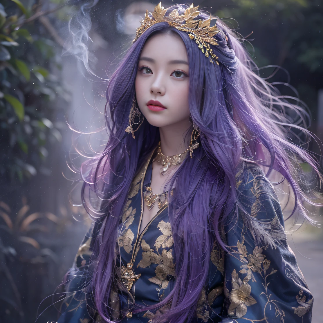 Genki Girl 32K(tmasterpiece,k hd,hyper HD,32K)Long flowing bright purple hair,Autumn Pond,zydink, a color, Asian people (Genki girl), (Silk scarf), Combat posture, looking at the ground, long whitr hair, Floating bright purple, Fire cloud pattern gold tiara, Chinese long-sleeved gold silk garment, (Abstract metaverse splash:1.2), white backgrounid,Lotus vitality protector(realisticlying:1.4),Bright purple hair,Smoke on the road,The background is pure, A high resolution, the detail, RAW photogr, Sharp Re, Nikon D850 Film Stock Photo by Jefferies Lee 4 Kodak Portra 400 Camera F1.6 shots, Rich colors, ultra-realistic vivid textures, Dramatic lighting, Unreal Engine Art Station Trend, cinestir 800,A girl with long flowing bright purple hair