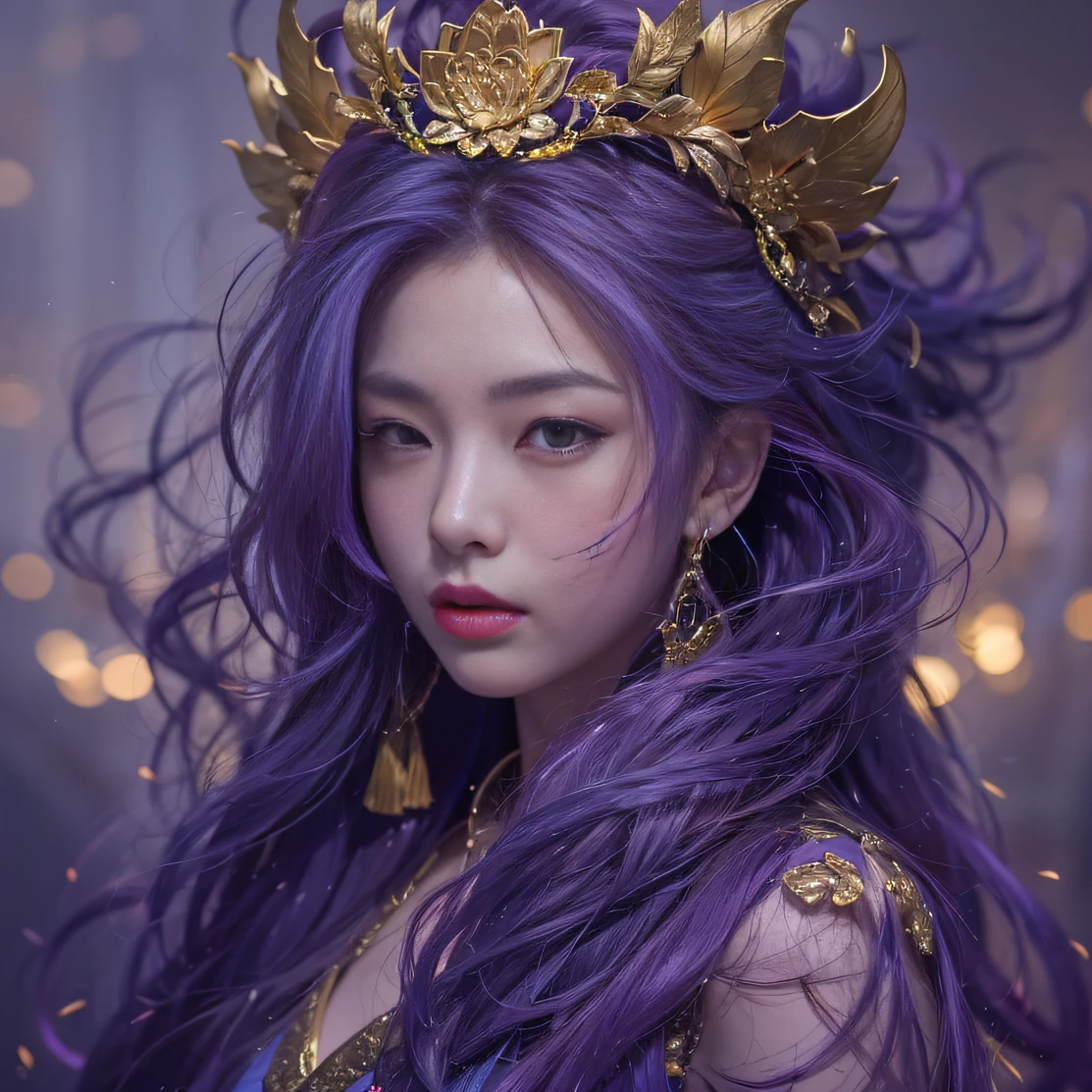 Genki Girl 32K(tmasterpiece,k hd,hyper HD,32K)Long flowing bright purple hair,Autumn Pond,zydink, a color, Asian people (Genki girl), (Silk scarf), Combat posture, looking at the ground, long whitr hair, Floating bright purple, Fire cloud pattern gold tiara, Chinese long-sleeved gold silk garment, (Abstract metaverse splash:1.2), white backgrounid,Lotus vitality protector(realisticlying:1.4),Bright purple hair,Smoke on the road,The background is pure, A high resolution, the detail, RAW photogr, Sharp Re, Nikon D850 Film Stock Photo by Jefferies Lee 4 Kodak Portra 400 Camera F1.6 shots, Rich colors, ultra-realistic vivid textures, Dramatic lighting, Unreal Engine Art Station Trend, cinestir 800,A girl with long flowing bright purple hair