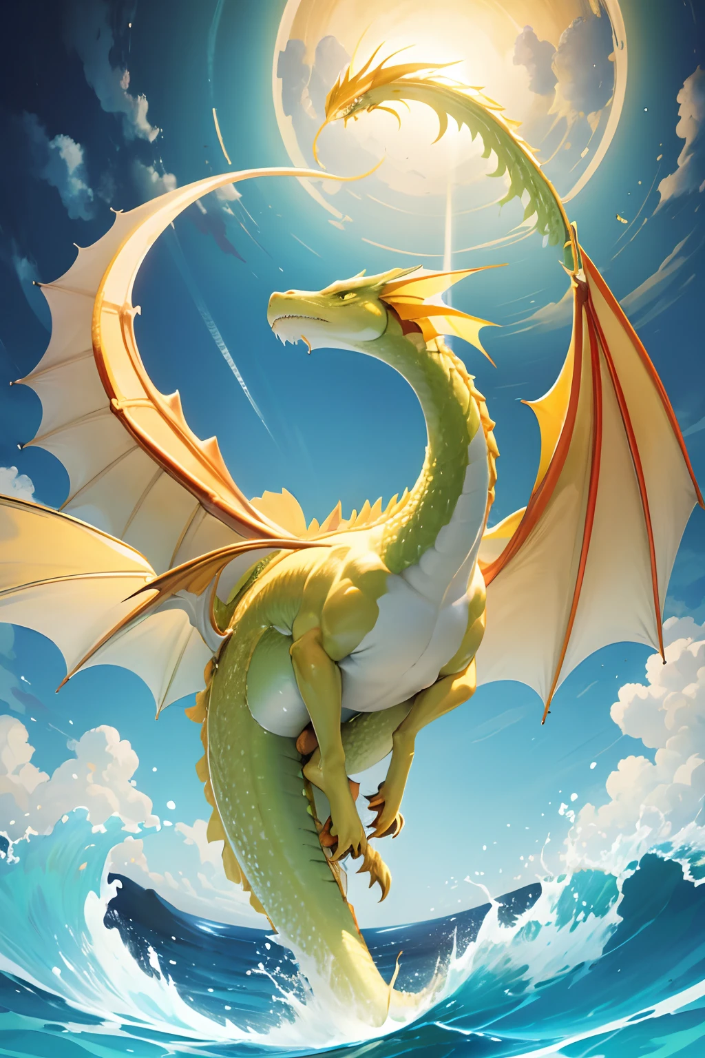 A long dragon with a golden tail swims bravely in the sky
