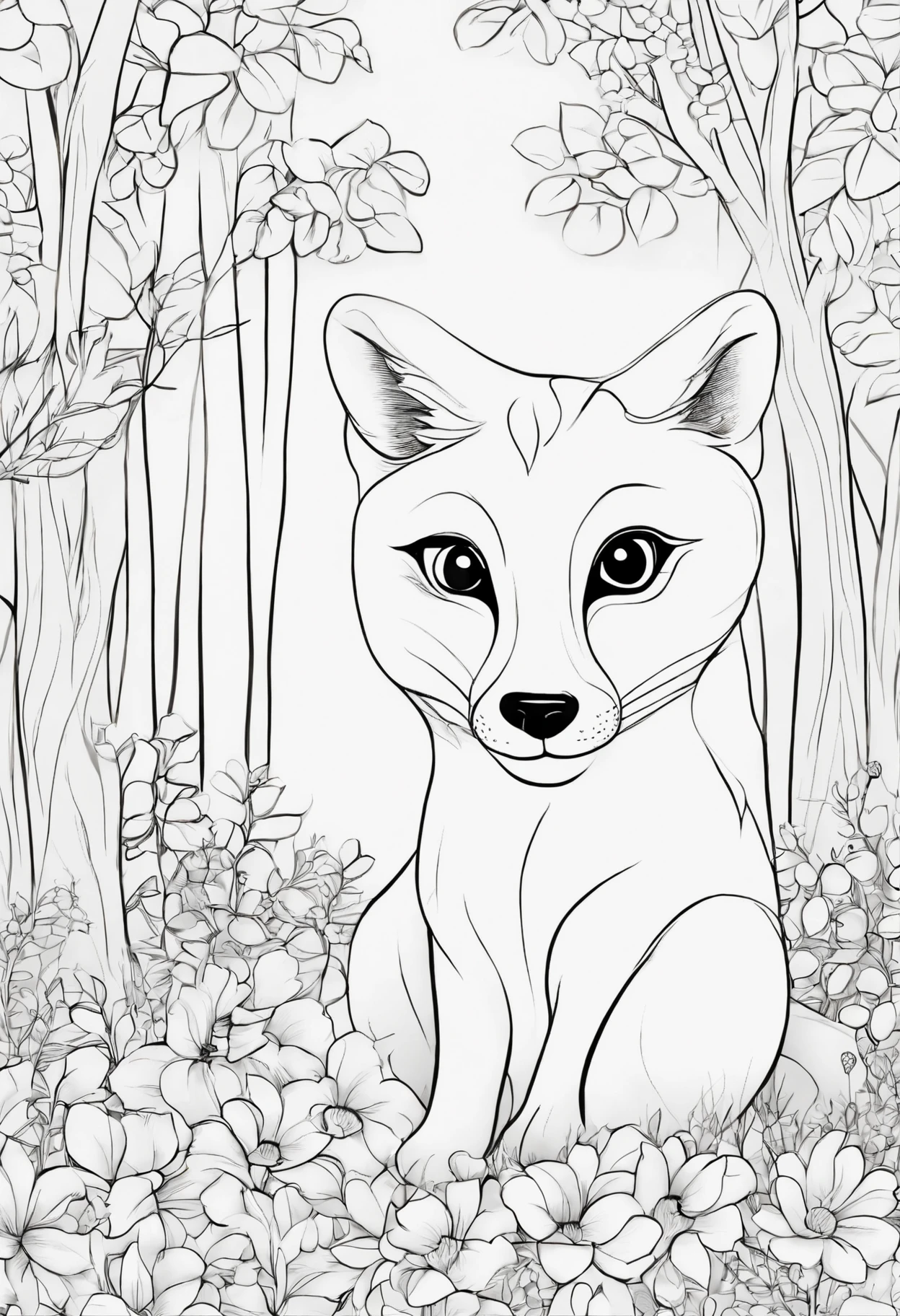 Por favor, Create a coloring image of an adorable fox sitting in a grove. The panda should be surrounded by trees with wildflowers scattered on the ground, should have simple strokes and thick lines to make it easier to fill with colors. Certifique-se de que a imagem tenha muitos detalhes para colorir, como o pelo do panda, the leaves of the trees and the flowers on the ground. This image will be used by children, em seguida, should be attractive and suitable for coloring with colored pencils or crayons