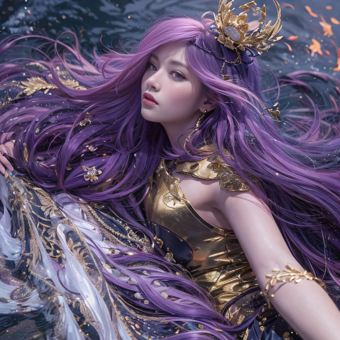 Genki Girl 32K(tmasterpiece,k hd,hyper HD,32K)Long flowing bright purple hair,Autumn Pond,zydink, a color, Asian people (Genki girl), (Silk scarf), Combat posture, looking at the ground, long whitr hair, Floating bright purple, Fire cloud pattern gold tiara, Chinese long-sleeved gold silk garment, (Abstract metaverse splash:1.2), white backgrounid,Lotus vitality protector(realisticlying:1.4),Bright purple hair,Smoke on the road,The background is pure, A high resolution, the detail, RAW photogr, Sharp Re, Nikon D850 Film Stock Photo by Jefferies Lee 4 Kodak Portra 400 Camera F1.6 shots, Rich colors, ultra-realistic vivid textures, Dramatic lighting, Unreal Engine Art Station Trend, cinestir 800,A girl with long flowing bright purple hair