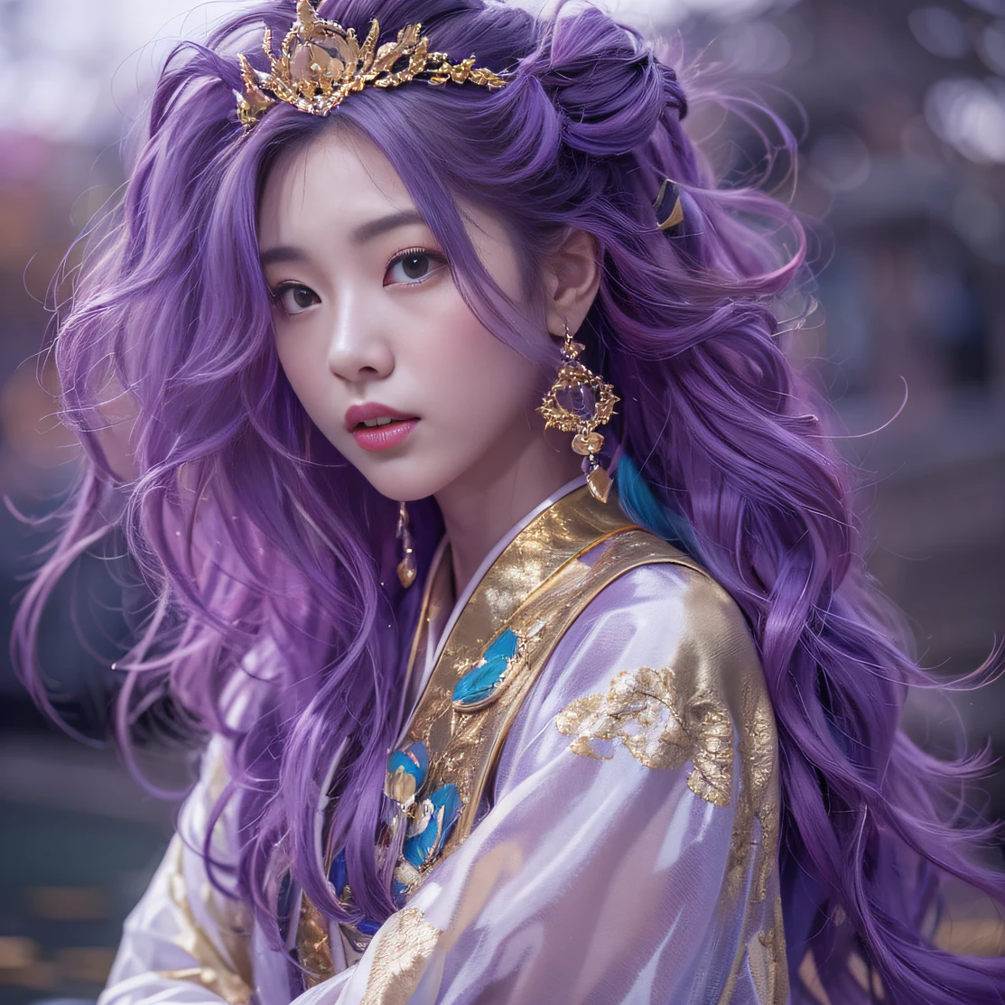 Genki Girl 32K（tmasterpiece，k hd，hyper HD，32K）Long flowing bright purple hair，Autumn Pond，zydink， a color， Asian people （Genki girl）， （Silk scarf）， Combat posture， looking at the ground， long whitr hair， Floating bright purple， Fire cloud pattern gold tiara， Chinese long-sleeved gold silk garment， （Abstract metaverse splash：1.2）， white backgrounid，Lotus vitality protector（realisticlying：1.4），Bright purple hair，Smoke on the road，The background is pure， A high resolution， the detail， RAW photogr， Sharp Re， Nikon D850 Film Stock Photo by Jefferies Lee 4 Kodak Portra 400 Camera F1.6 shots, Rich colors, ultra-realistic vivid textures, Dramatic lighting, Unreal Engine Art Station Trend, cinestir 800，A girl with long flowing bright purple hair