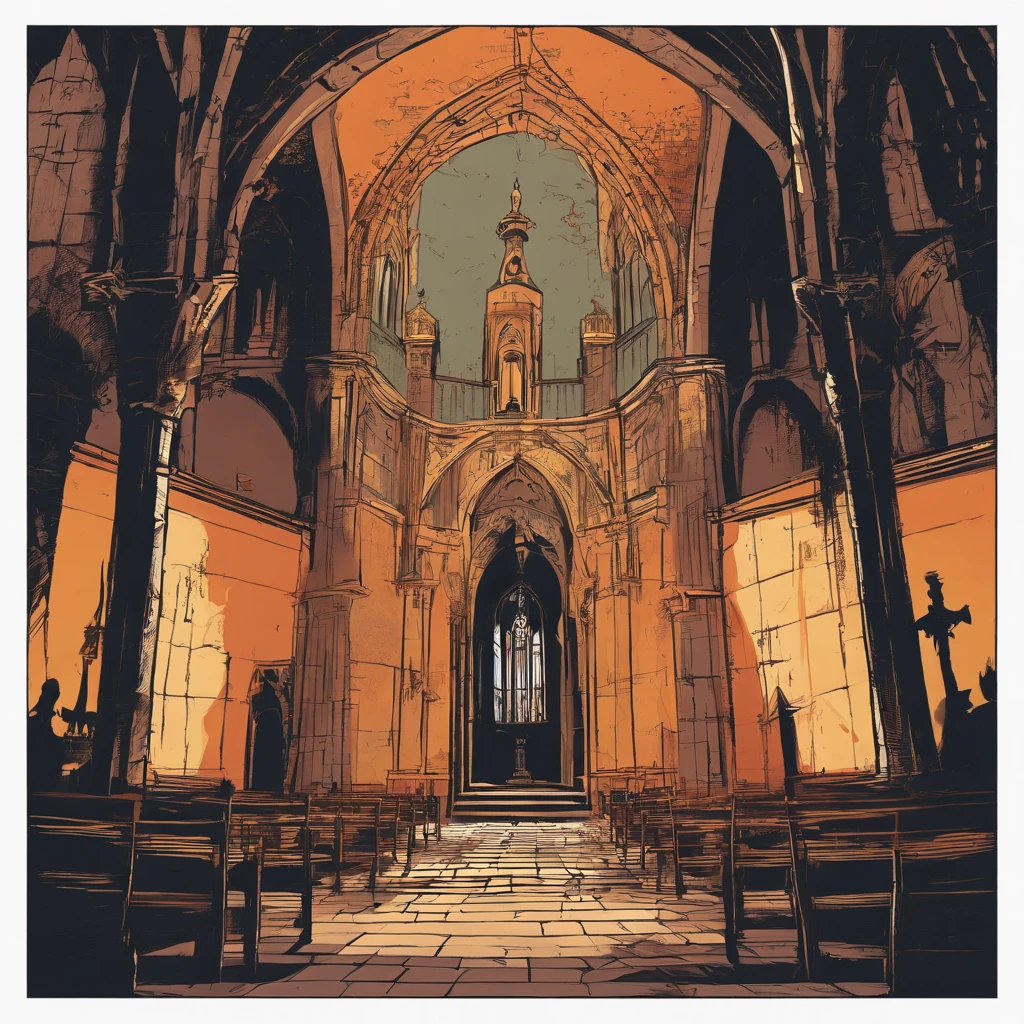 (best quality,Realistic:1.37),Dark, dirty-looking man sitting in an old abandoned church, detailed face expression,atmosfera empoeirada,ambiente assustador,Solemn and sinister illumination,vitrais,crumbling walls,trepadeiras e musgo crescidos,decaying wooden benches,artefatos religiosos negligenciados,velas levemente acesas,Haunting silence,A sense of desolation and mystery,Haunted spiritual presence,gothic architecture,Shadows Dramatic,remnants of religious iconography