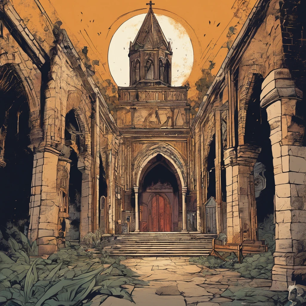 (best quality,Realistic:1.37),Dark, dirty-looking man sitting in an old abandoned church, detailed face expression,atmosfera empoeirada,ambiente assustador,Solemn and sinister illumination,vitrais,crumbling walls,trepadeiras e musgo crescidos,decaying wooden benches,artefatos religiosos negligenciados,velas levemente acesas,Haunting silence,A sense of desolation and mystery,Haunted spiritual presence,gothic architecture,Shadows Dramatic,remnants of religious iconography