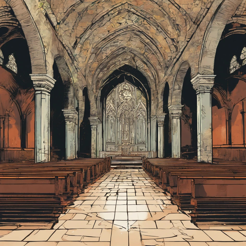(best quality,Realistic:1.37),Dark, dirty-looking man sitting in an old abandoned church, detailed face expression,atmosfera empoeirada,ambiente assustador,Solemn and sinister illumination,vitrais,crumbling walls,trepadeiras e musgo crescidos,decaying wooden benches,artefatos religiosos negligenciados,velas levemente acesas,Haunting silence,A sense of desolation and mystery,Haunted spiritual presence,gothic architecture,Shadows Dramatic,remnants of religious iconography