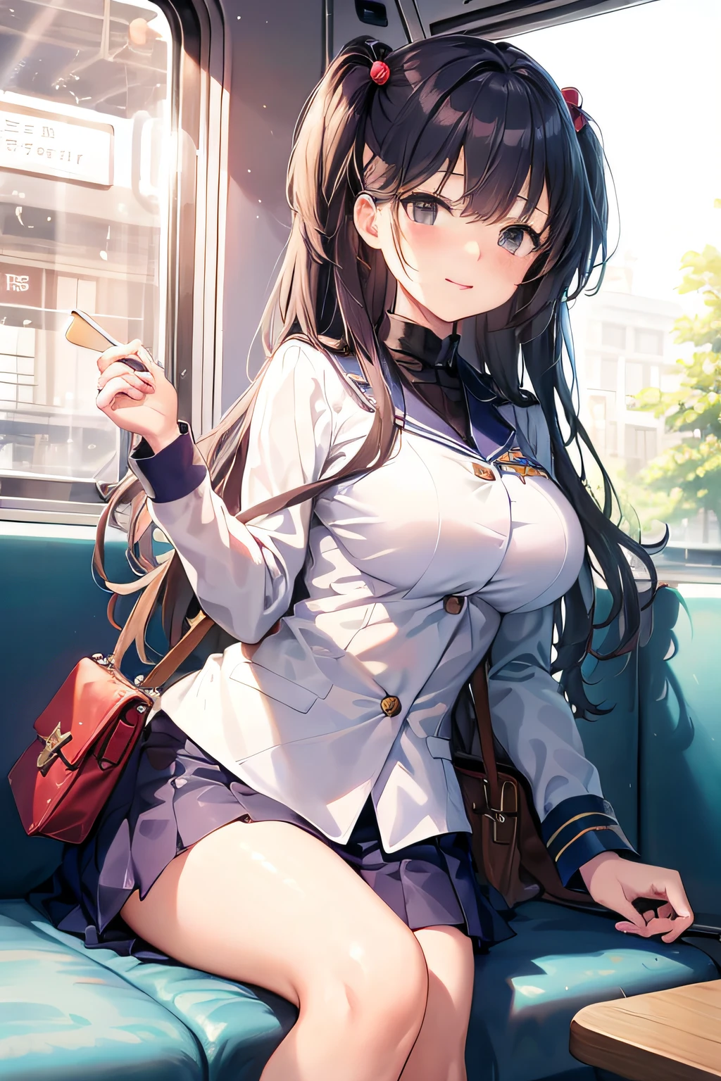 Anime girl in uniform on train with bag and handbag, marin kitagawa fanart, Kantai Collection Style, pilot girl, cute pilot girl, azur lane style, sakimichan, pilot outfit, ((nakeness)),Fine details. girls' frontline, JK Uniform, official artwork, from the azur lane videogame, Smooth Anime CG Art, konpeki no kantai,(((saggy tits))),(((big areolae))),(((boobs out)))