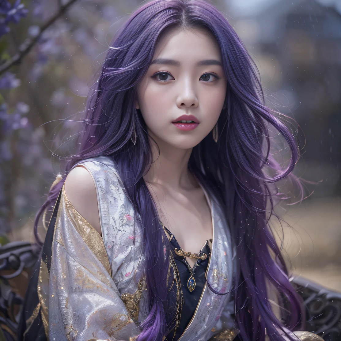 Genki Girl 32K(tmasterpiece,k hd,hyper HD,32K)Long flowing bright purple hair,Autumn Pond,zydink, a color, Asian people (Genki girl), (Silk scarf), Combat posture, looking at the ground, long whitr hair, Floating bright purple, Fire cloud pattern gold tiara, Chinese long-sleeved gold silk garment, (Abstract metaverse splash:1.2), white backgrounid,Lotus vitality protector(realisticlying:1.4),Bright purple hair,Smoke on the road,The background is pure, A high resolution, the detail, RAW photogr, Sharp Re, Nikon D850 Film Stock Photo by Jefferies Lee 4 Kodak Portra 400 Camera F1.6 shots, Rich colors, ultra-realistic vivid textures, Dramatic lighting, Unreal Engine Art Station Trend, cinestir 800,A girl with long flowing bright purple hair