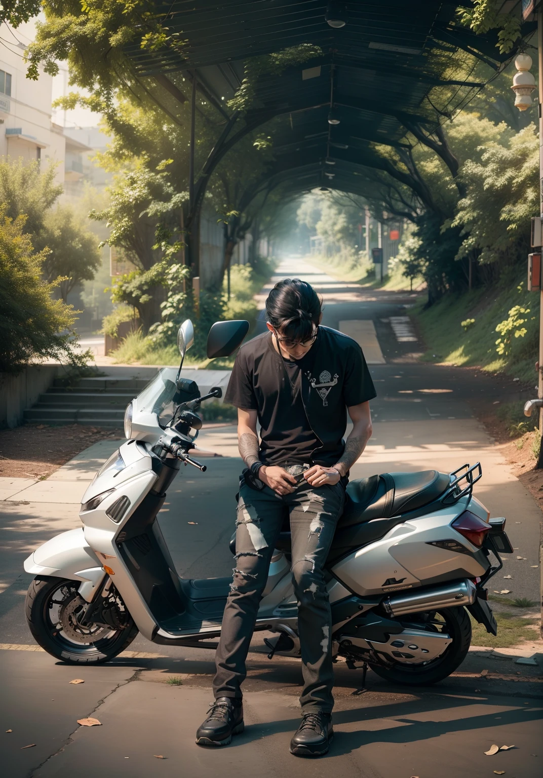 Sad boy with scooty , aesthetic nature , aesthetic image