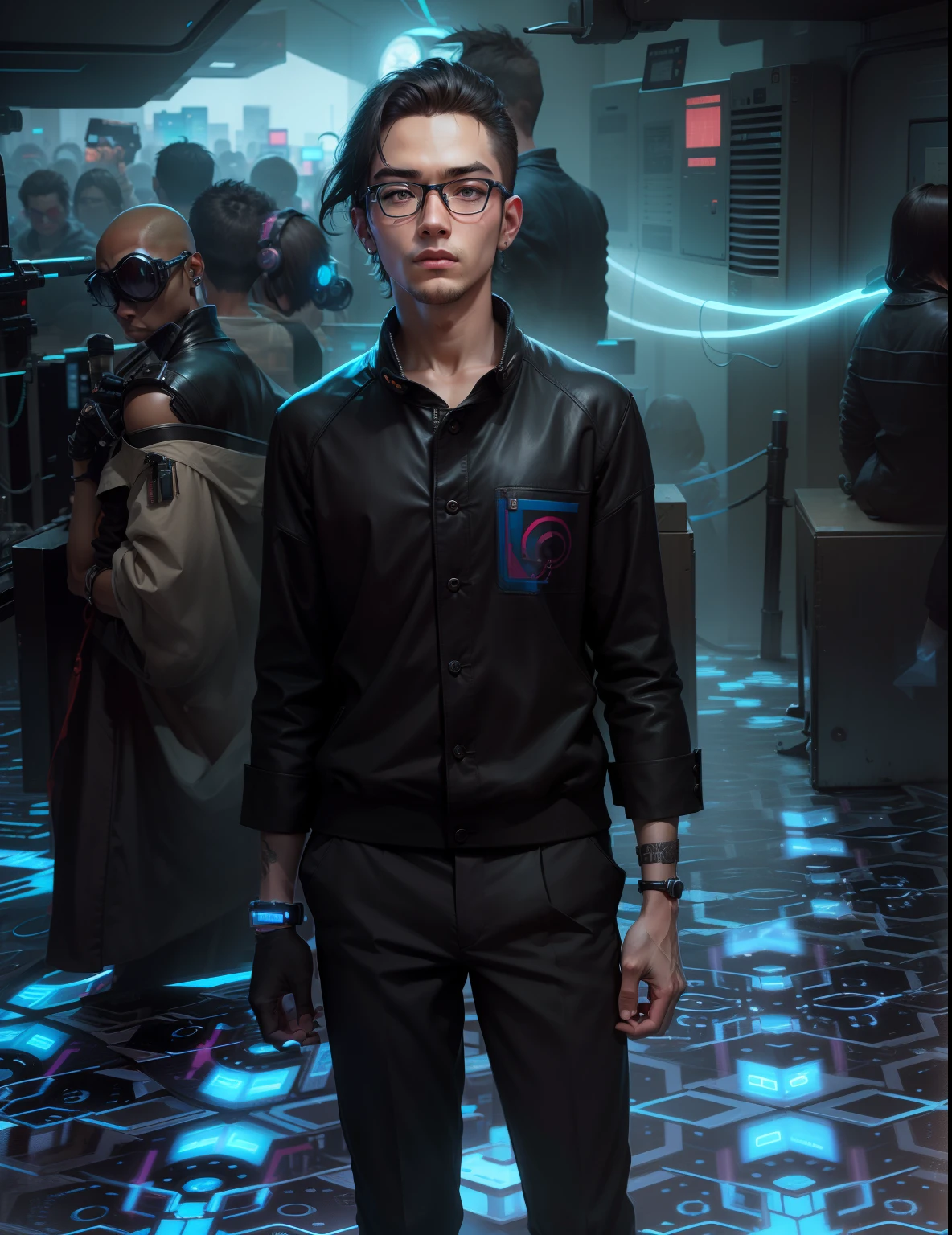 Cyberpunk, handsome boy, ultra realistic, with eye glass, small men's hair, like ai Photo,same face,