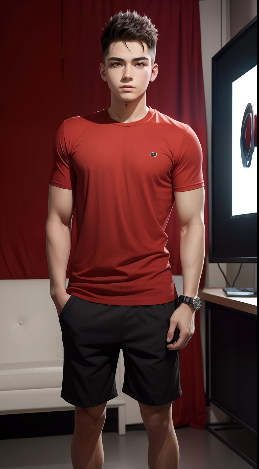 young man name urban legend with short spiky hair in Studio co seeing camera front standing alone show full body wearing red tshirt shorts pant