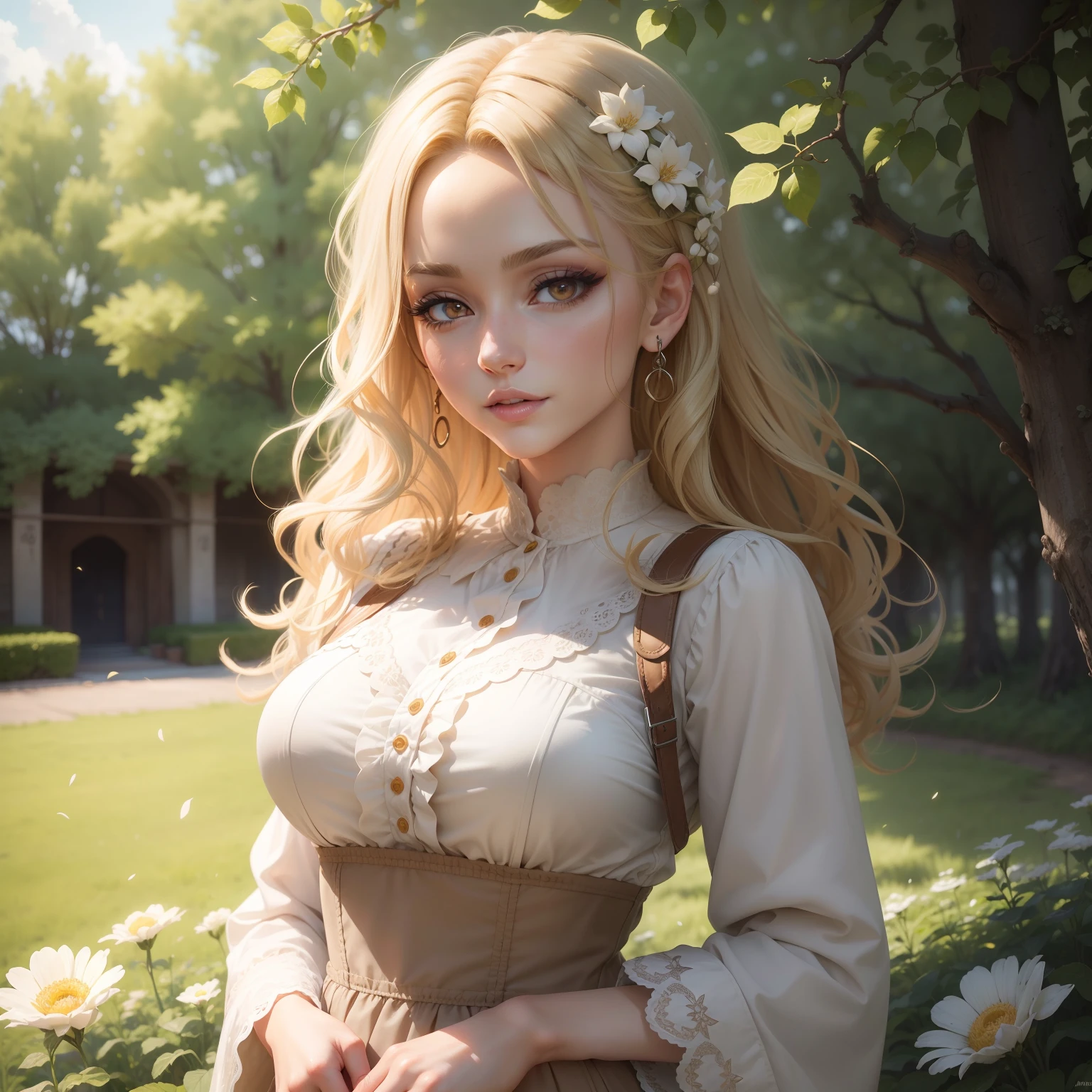 (masutepiece:1.2), (Best Quality:1.2), Perfect eyes, Perfect face, Perfect Lighting, 1girl in, Mature woman in the field, medium blonde hair, Curly hair, detailed clothes, Detailed outdoor background, makeup, eyeshadows, thick eyelashes, Fantasy, Looking at the viewer, spring