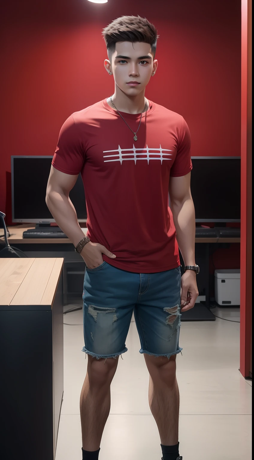 young man name urban legend with short spiky hair in Studio co seeing camera front standing   alone show full body wearing red tshirt shorts pant