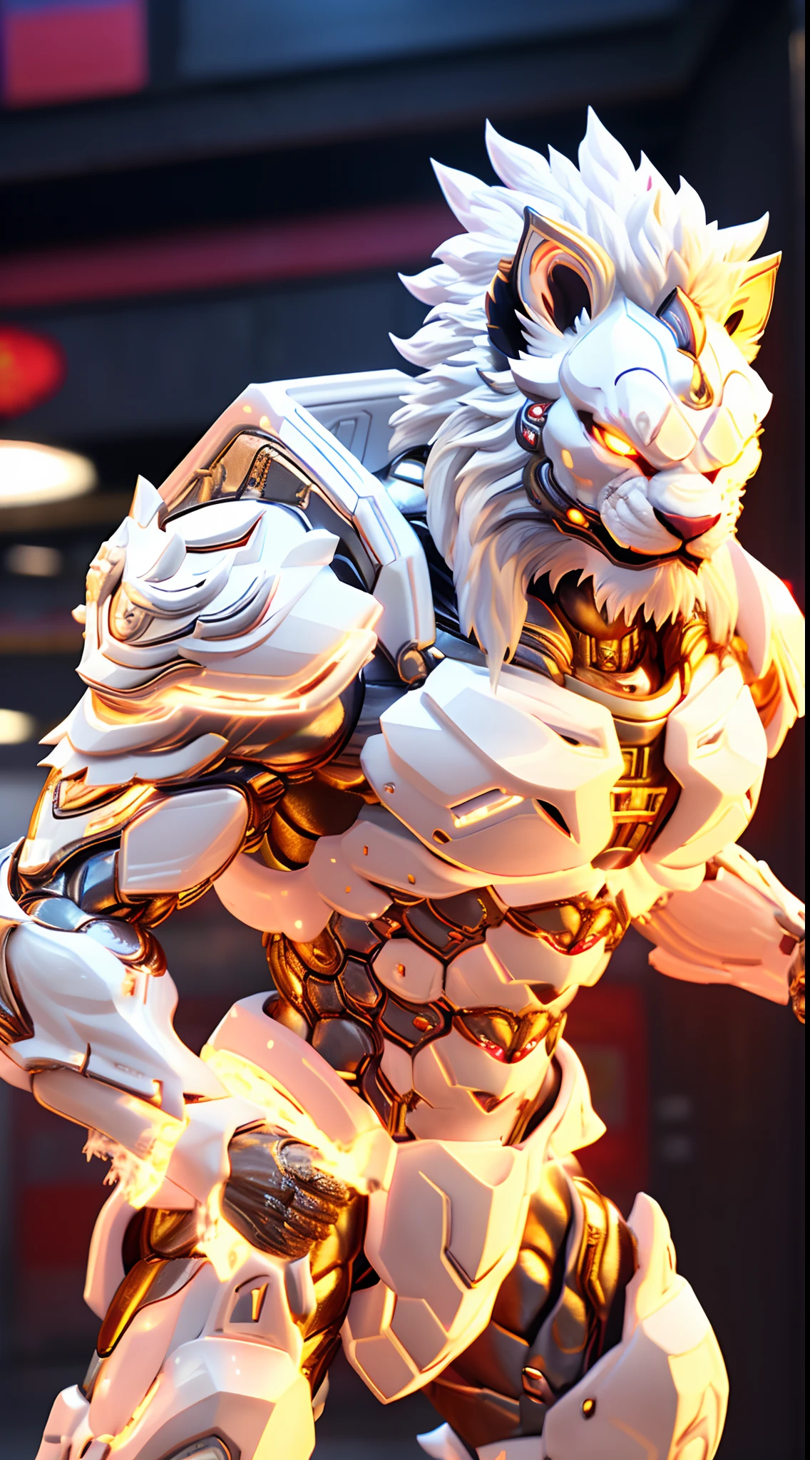 CHINESE WHITE LION, LION HEAD, HEAVY CRYSTAL ARMOR, TRANSPARANT, MUSCLE BODY.