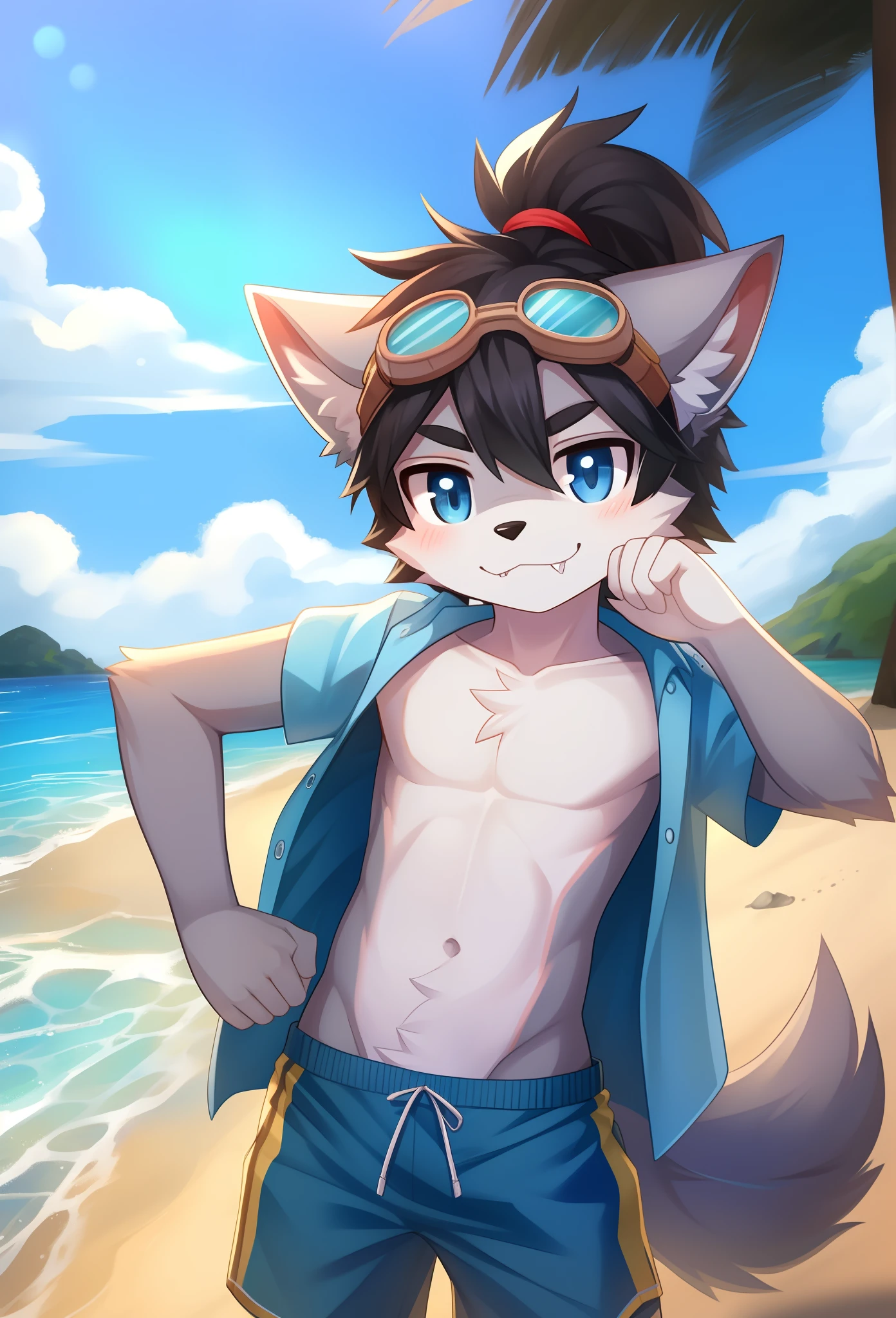 Furry shota, Young, wolf, black hair, long spiky ponytail, blue eyes, detailed body fur, blue hawaiian shirt, open clothes, black swim trunks, goggles, masterpiece, looking at you, fangs, clear grey body fur, detailed face, big eyebrows, detailed eyes, detailed body, no muscle, detailed hands, flat body, glistering body, shiny body, skinny, full body, paws whit three toes, detailed paws, beach, clear sky, sassy face, :3,