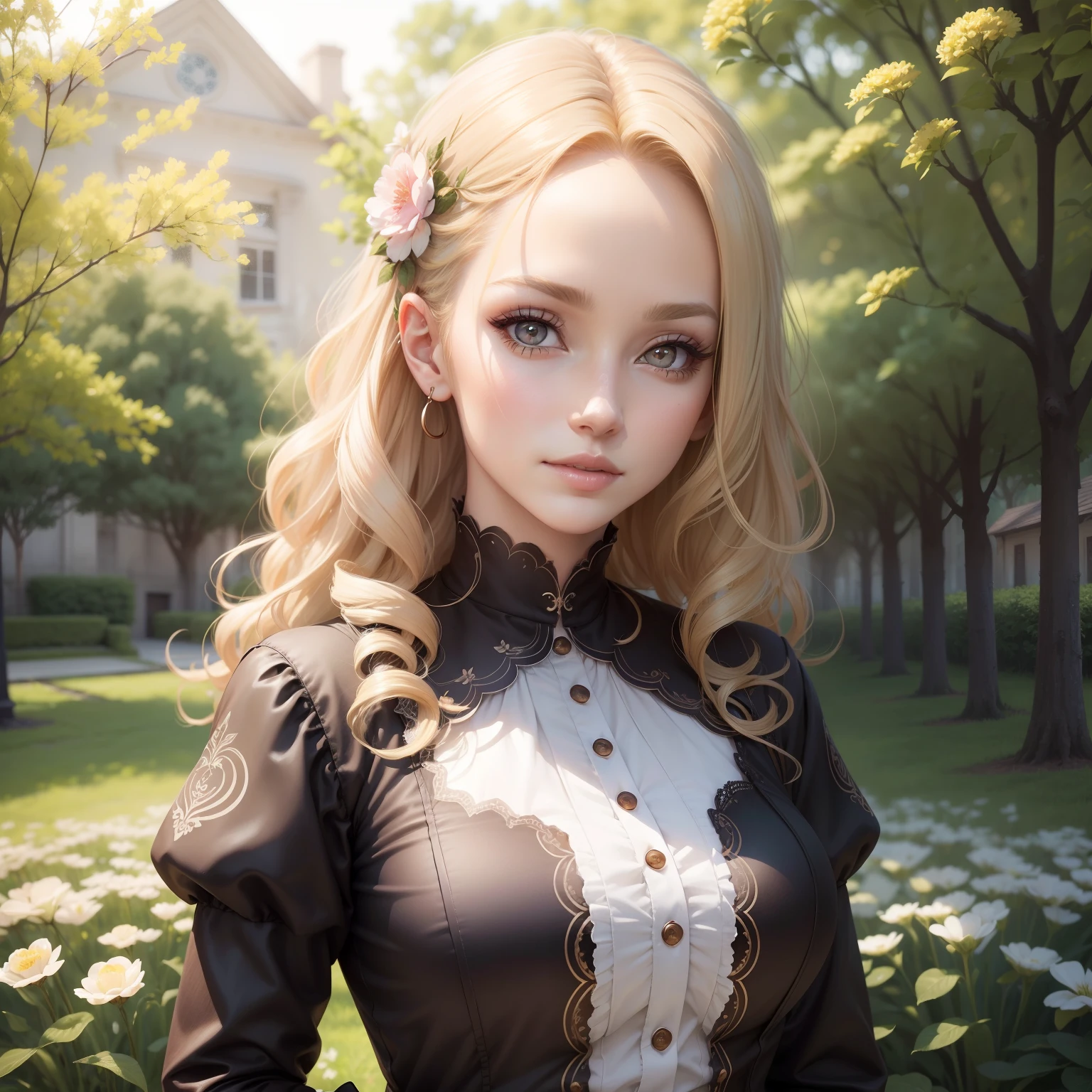 Anime girl in a black dress with a flower in her hair - SeaArt AI